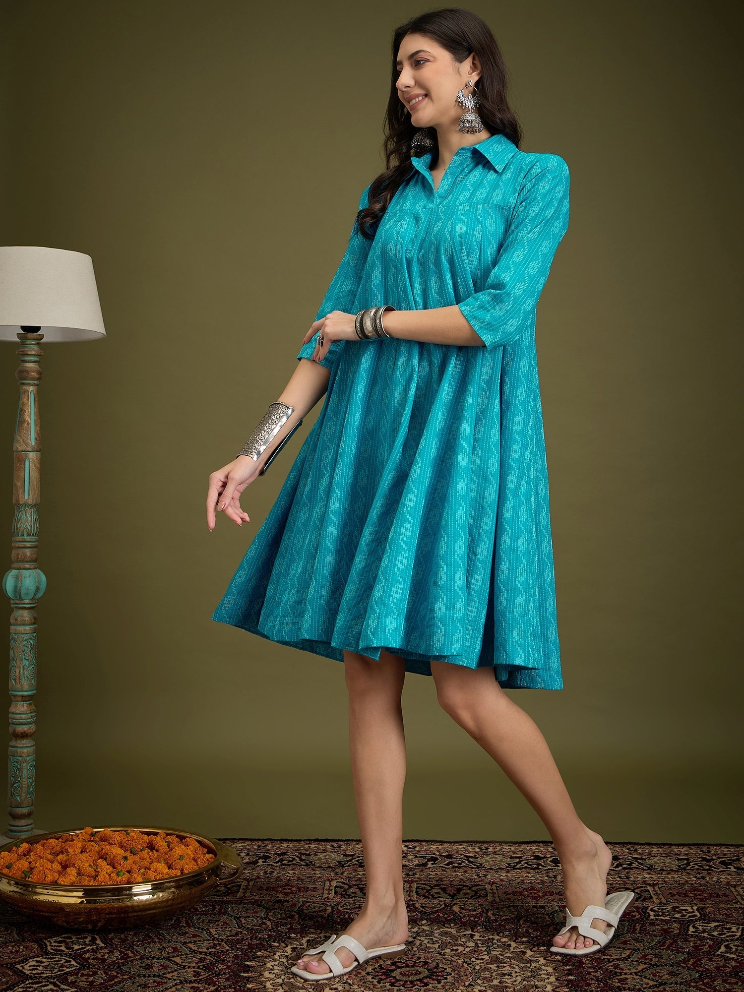 InWeave Cyan Blue Ikkat Kantha Collar Flared Dress - Swadesiicart