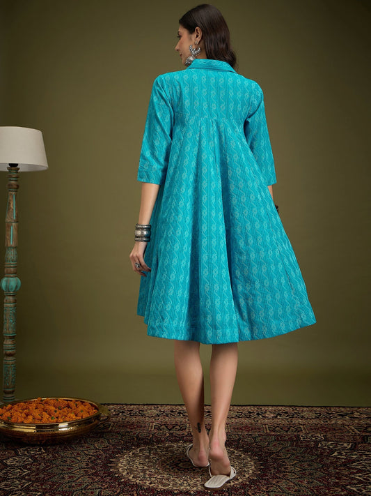 InWeave Cyan Blue Ikkat Kantha Collar Flared Dress - Swadesiicart