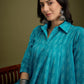 InWeave Cyan Blue Ikkat Kantha Collar Flared Dress - Swadesiicart
