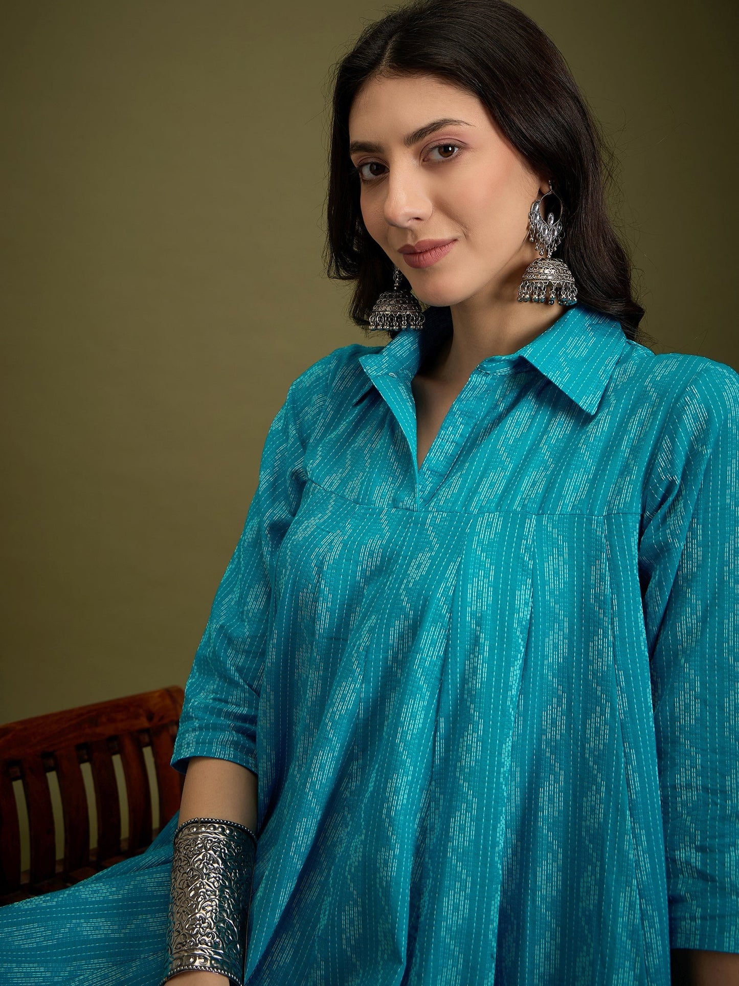 InWeave Cyan Blue Ikkat Kantha Collar Flared Dress - Swadesiicart