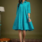 InWeave Cyan Blue Ikkat Kantha Collar Flared Dress - Swadesiicart