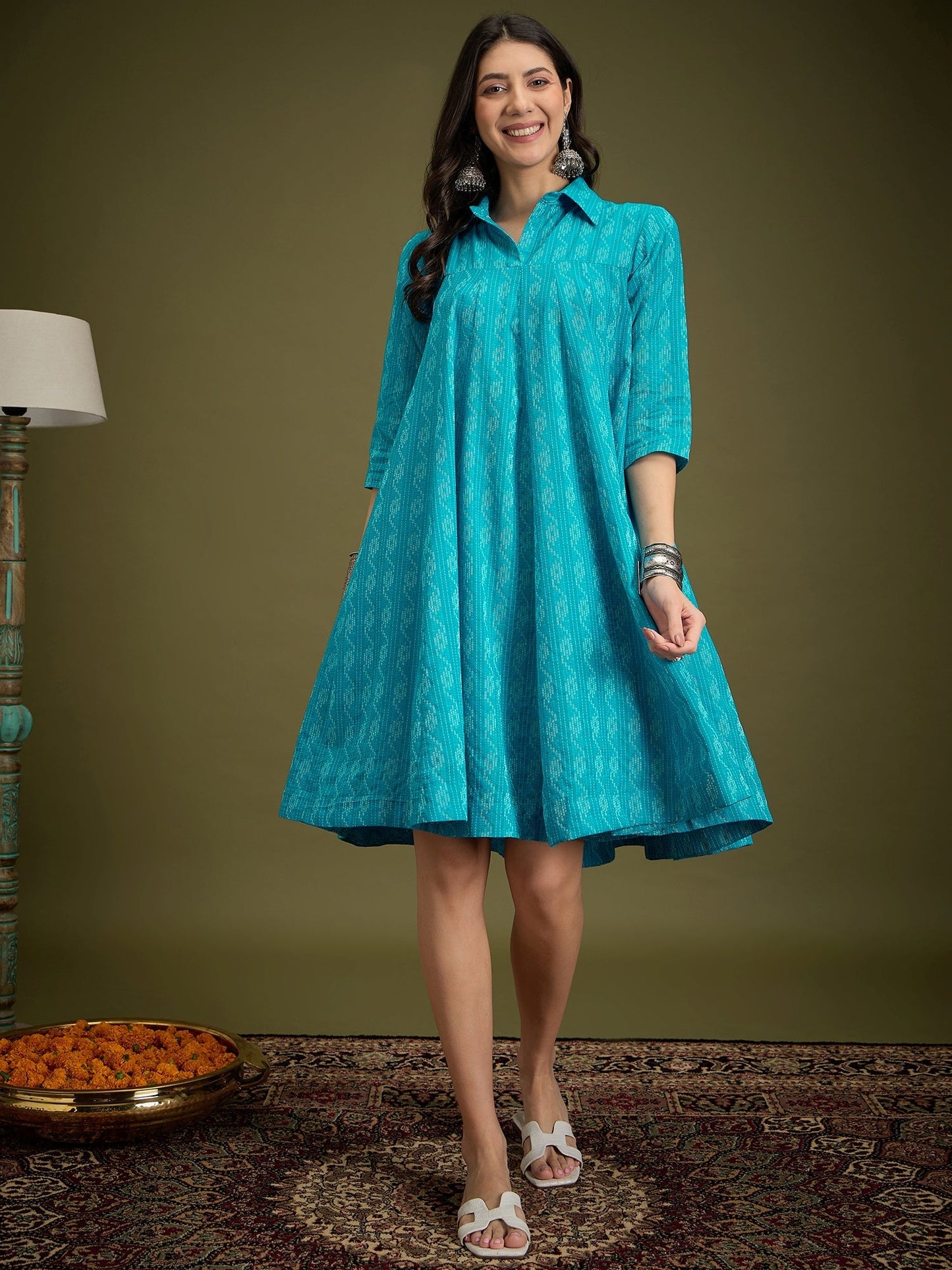 InWeave Cyan Blue Ikkat Kantha Collar Flared Dress - Swadesiicart