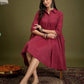 InWeave Maroon Kantha Collar Flared Dress - Swadesiicart