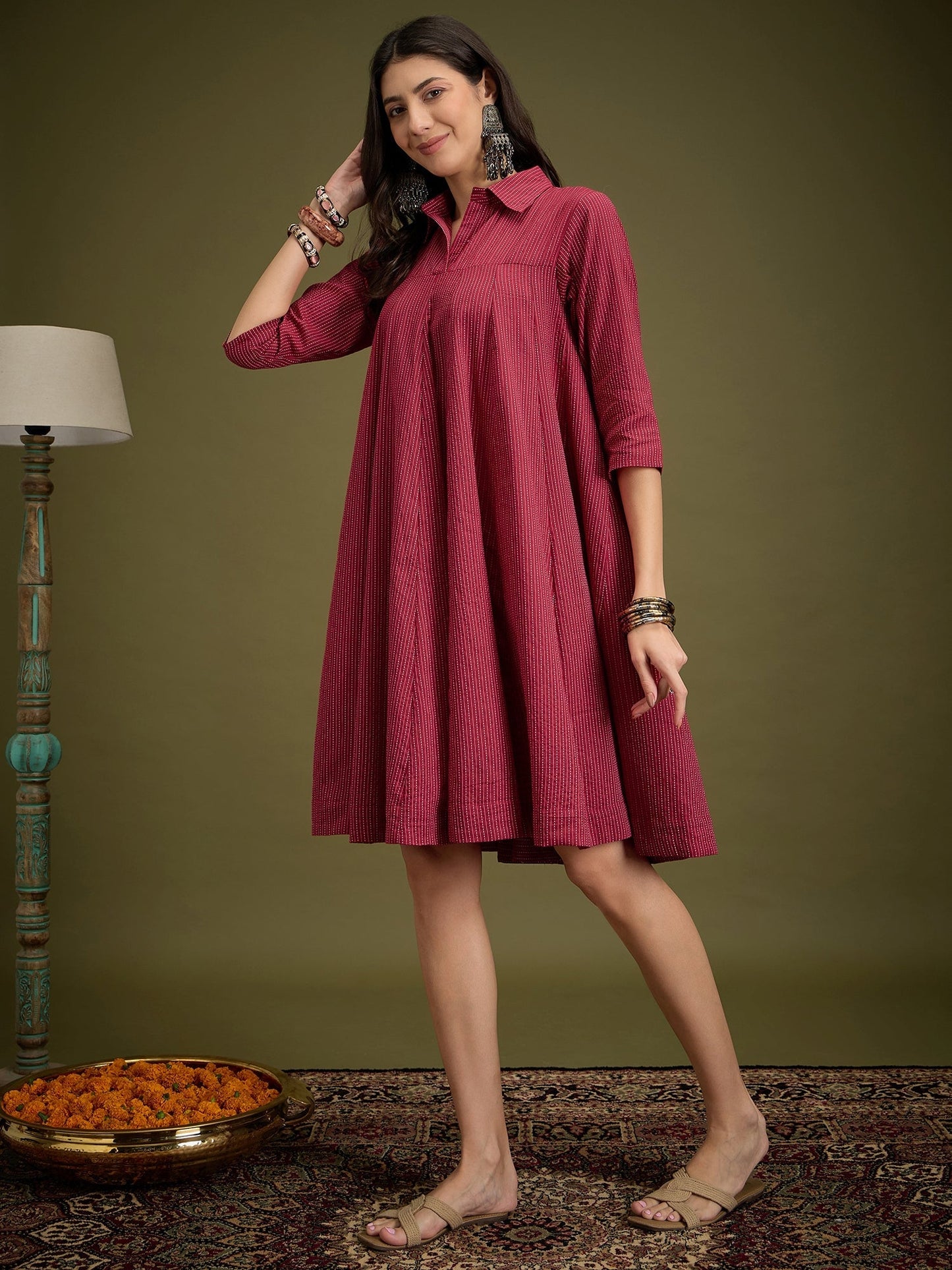 InWeave Maroon Kantha Collar Flared Dress - Swadesiicart