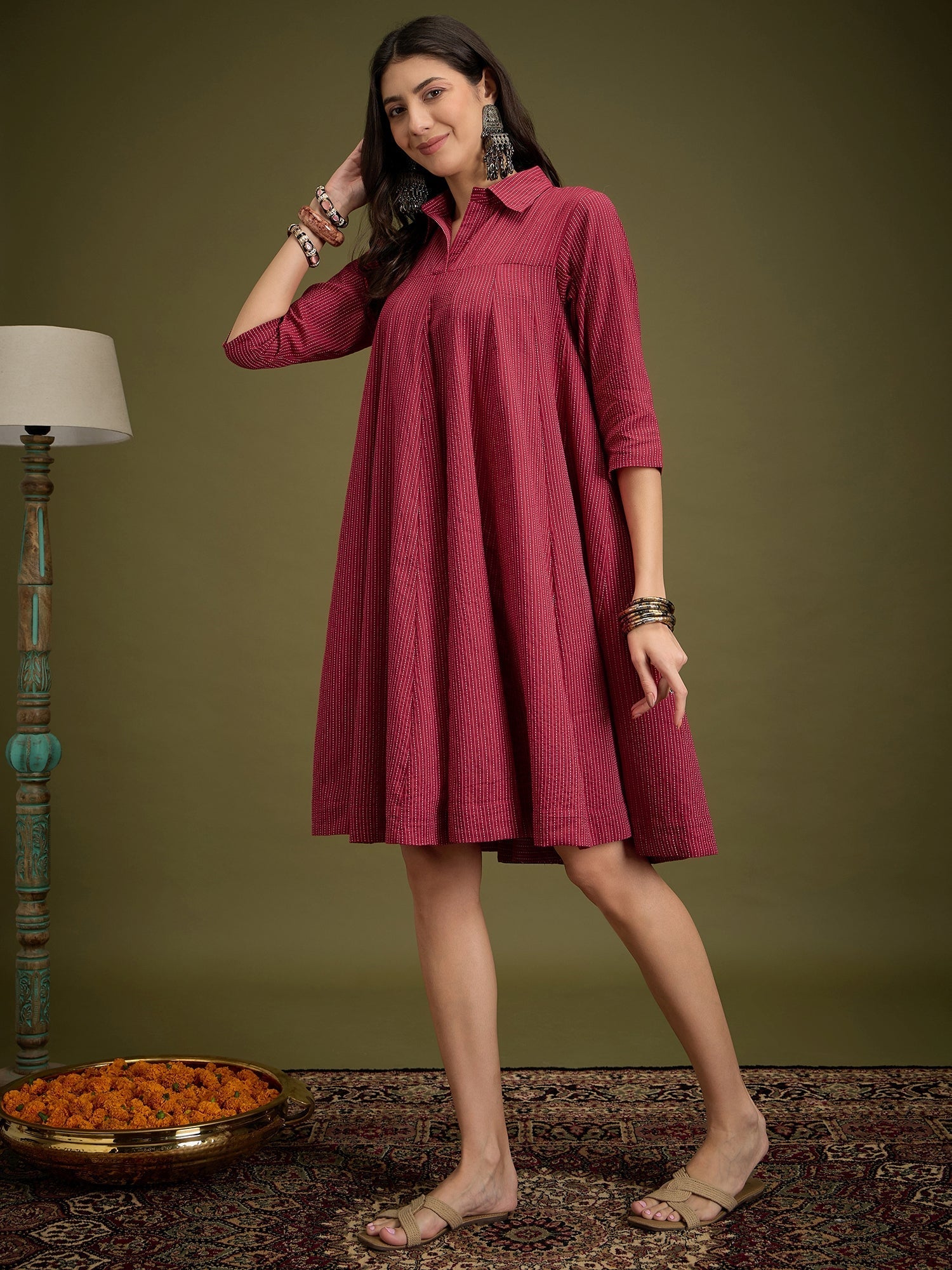 InWeave Maroon Kantha Collar Flared Dress - Swadesiicart