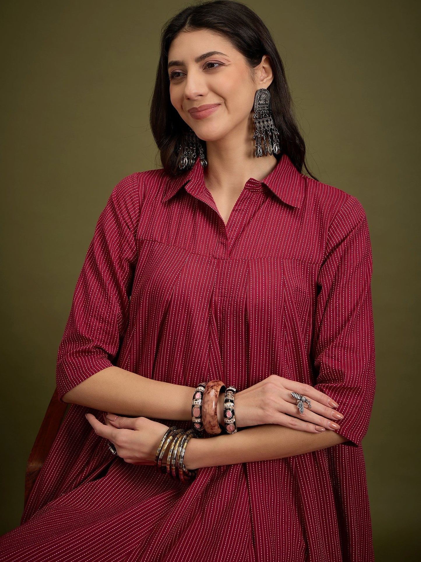 InWeave Maroon Kantha Collar Flared Dress - Swadesiicart