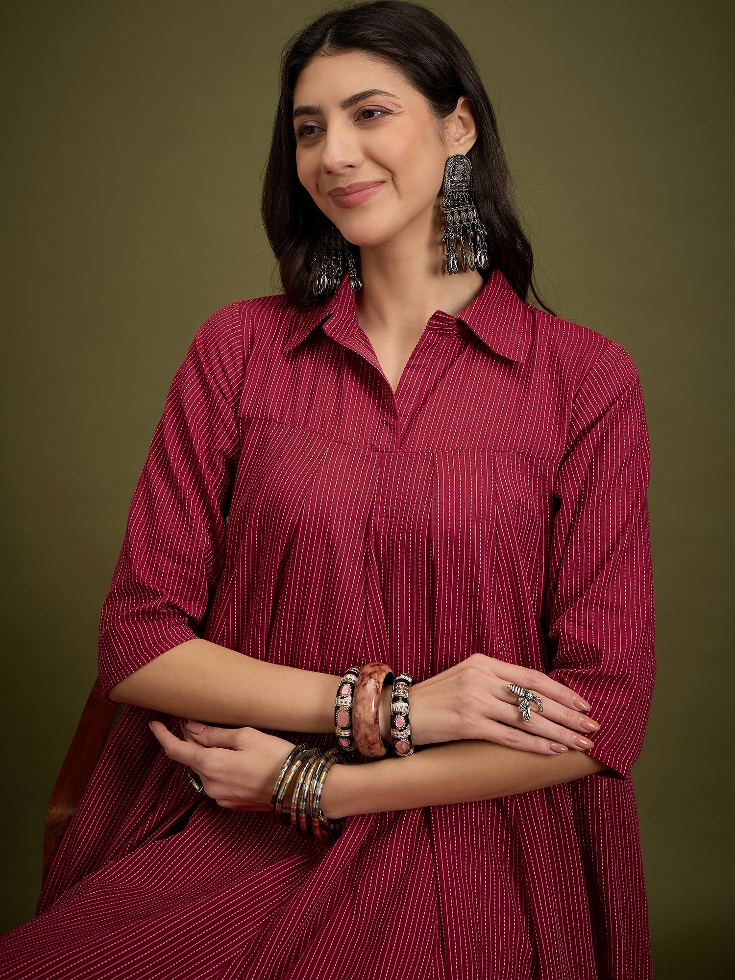 InWeave Maroon Kantha Collar Flared Dress - Swadesiicart
