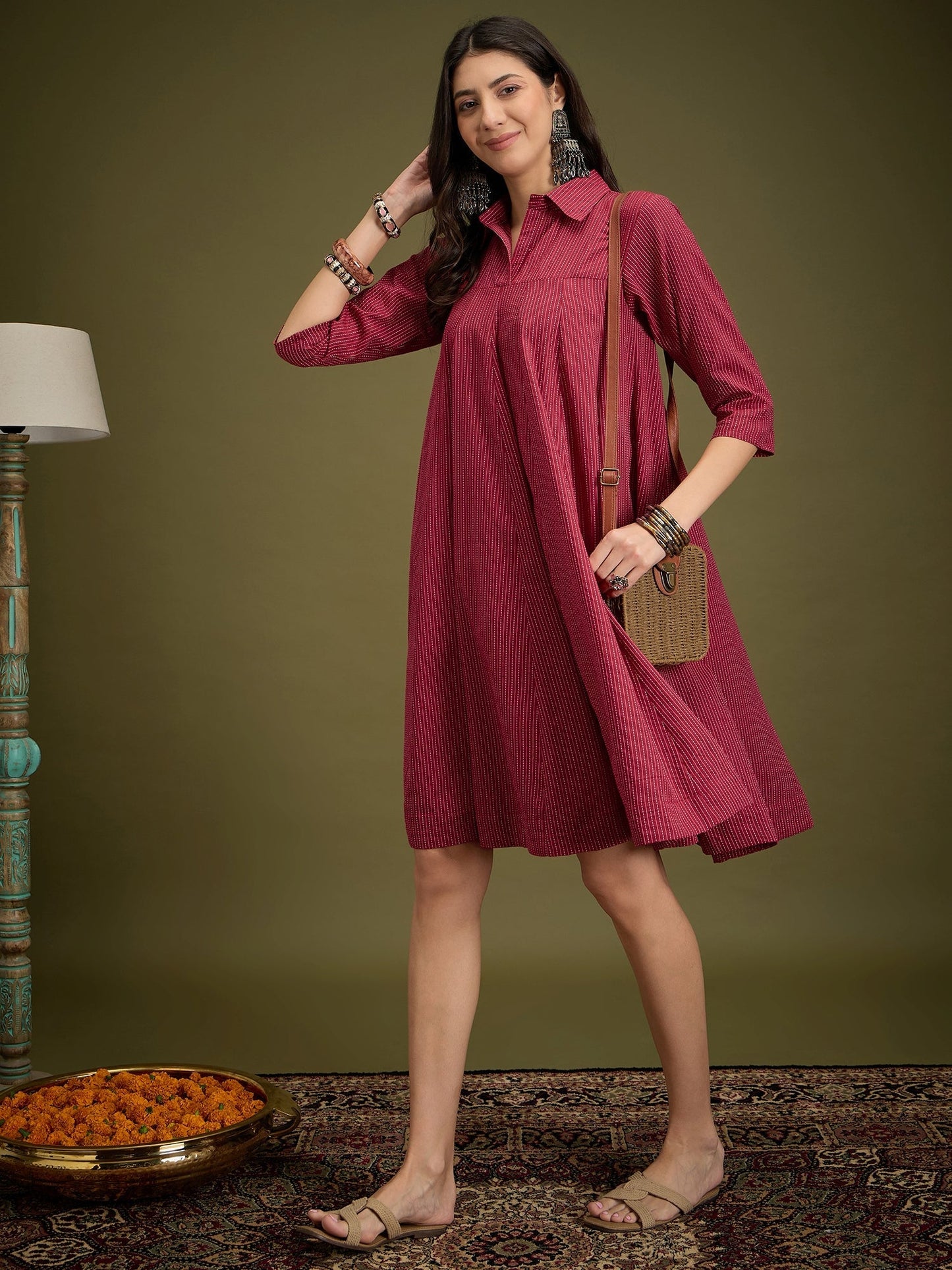 InWeave Maroon Kantha Collar Flared Dress - Swadesiicart