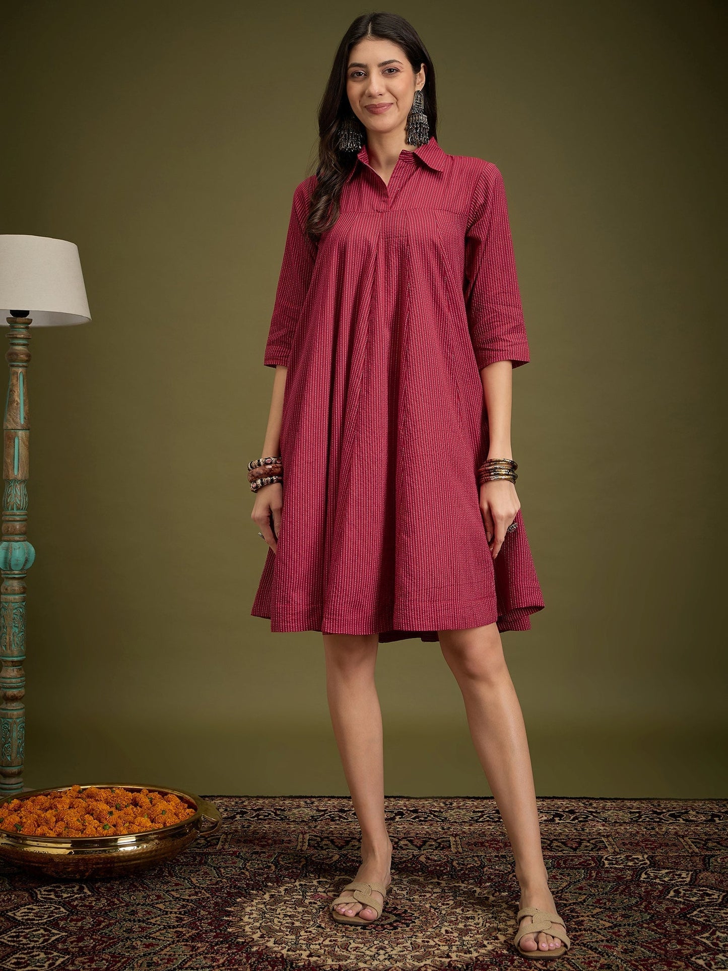 InWeave Maroon Kantha Collar Flared Dress - Swadesiicart