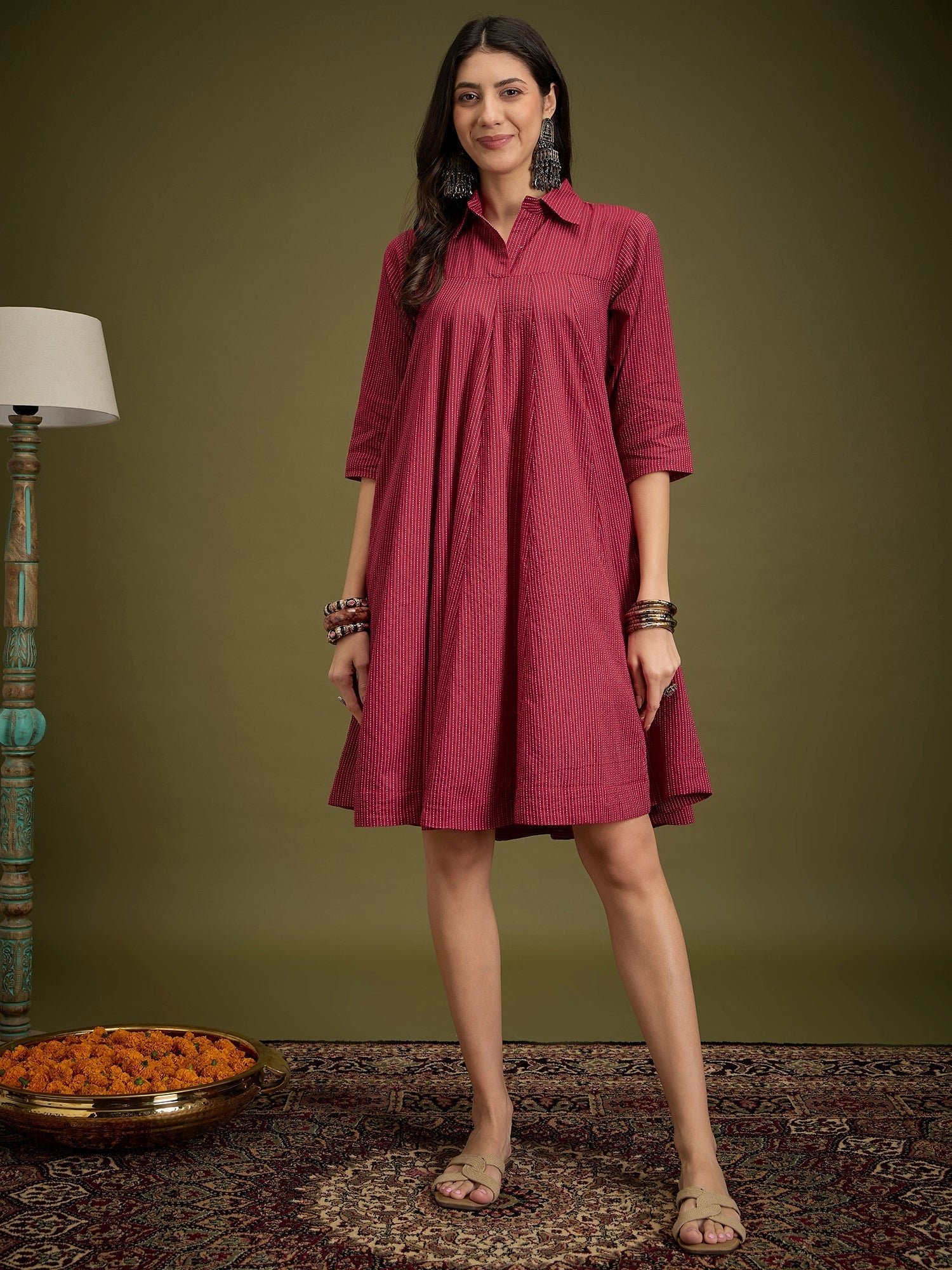 InWeave Maroon Kantha Collar Flared Dress - Swadesiicart