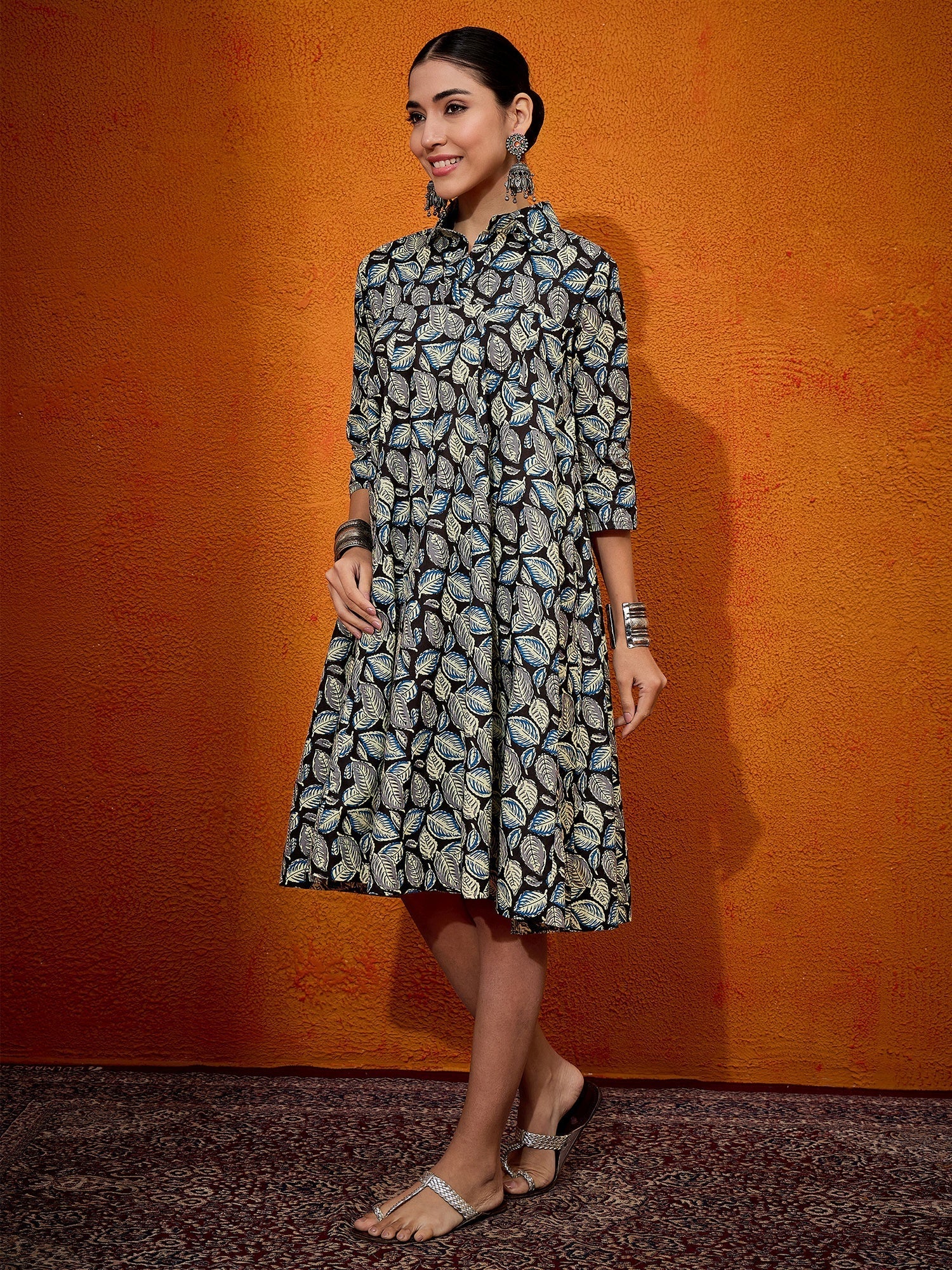 InWeave Black White Leaf Print Flared Dress - Swadesiicart