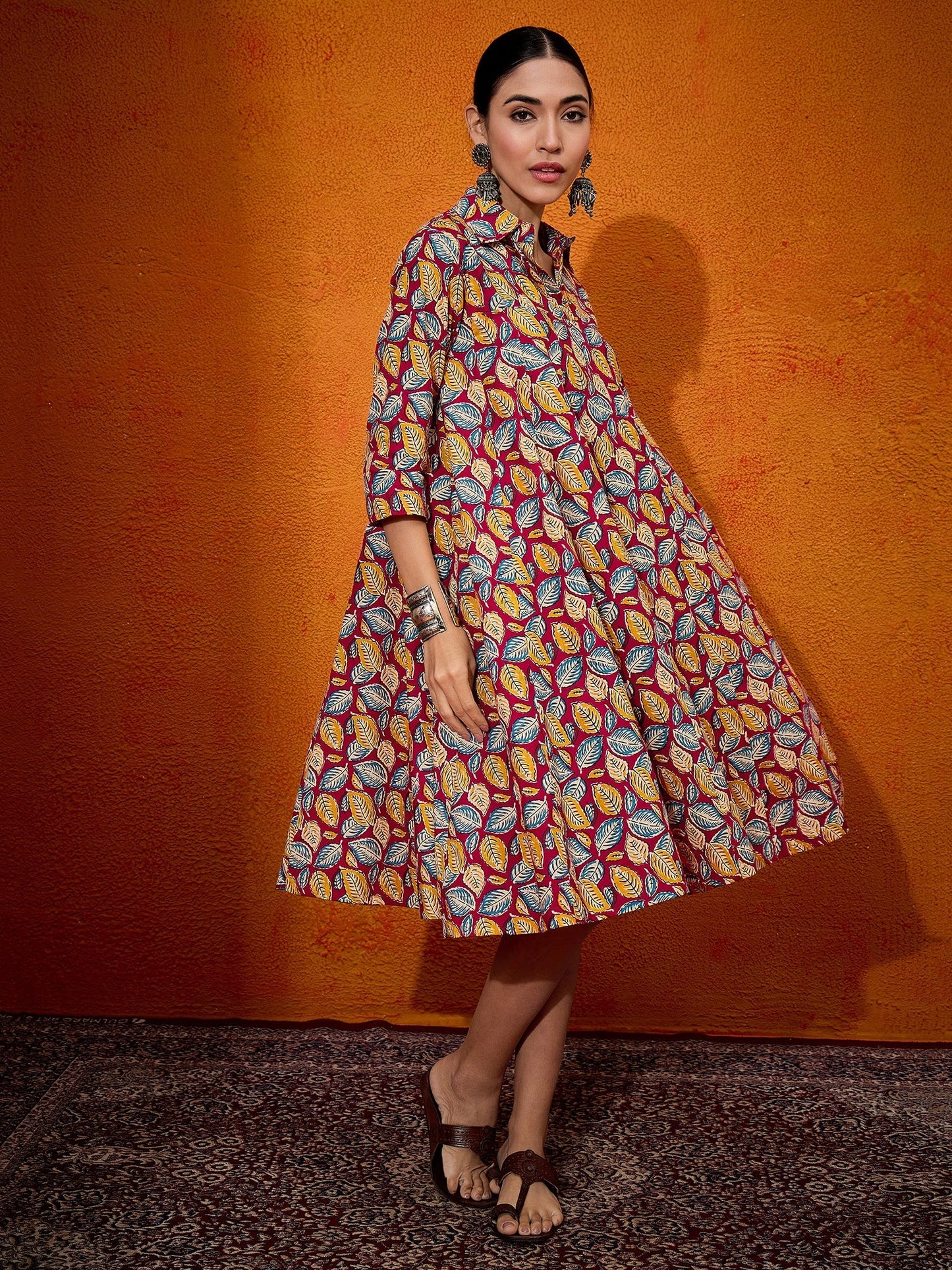InWeave Maroon Yellow Blue Leaf Print Flared Dress - Swadesiicart