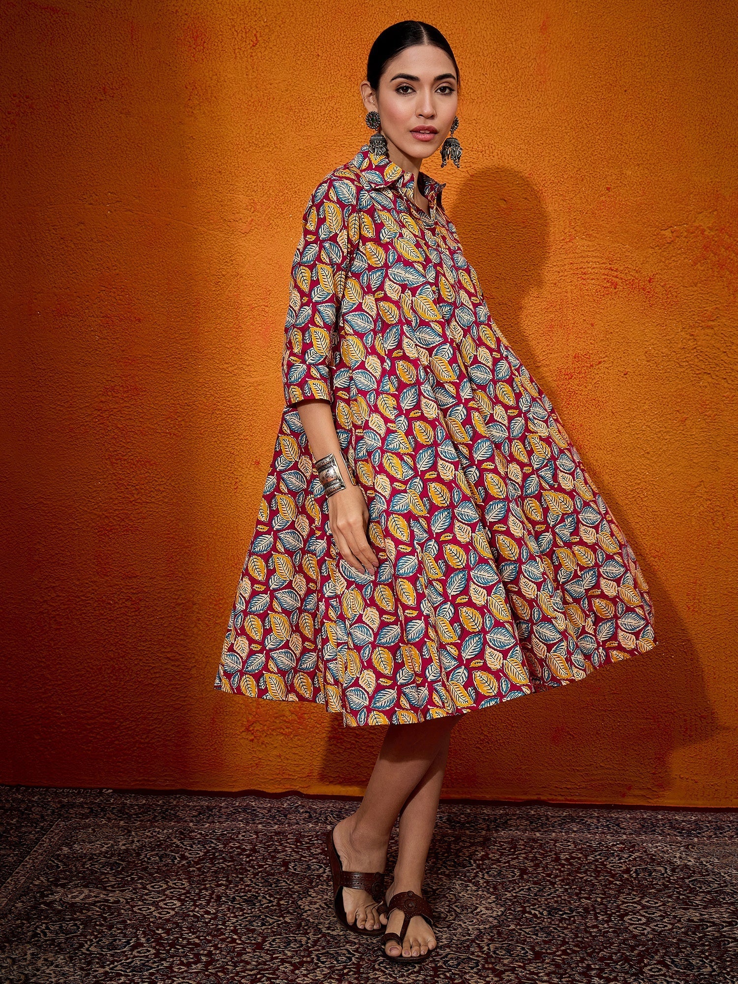 InWeave Maroon Yellow Blue Leaf Print Flared Dress - Swadesiicart