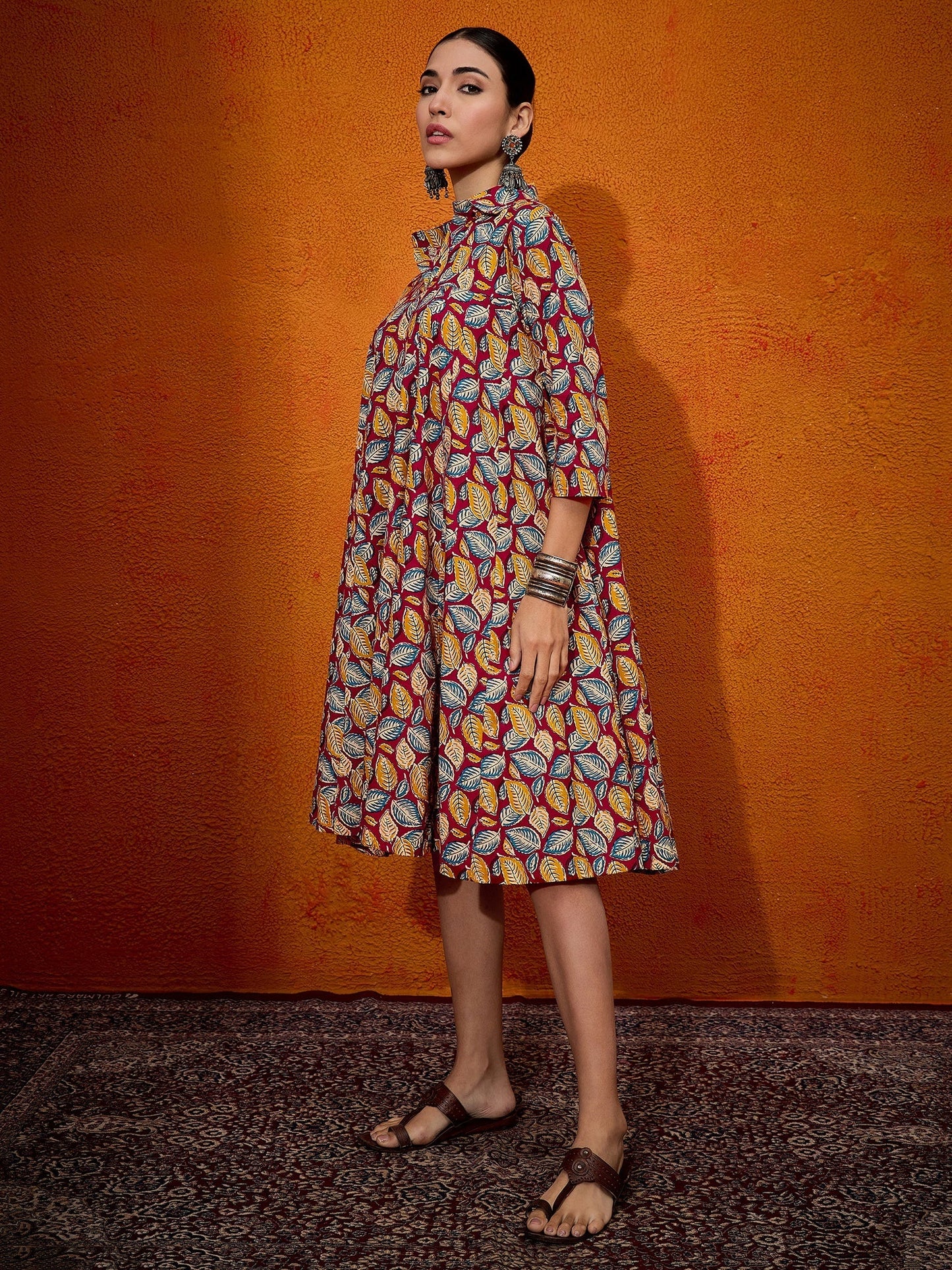 InWeave Maroon Yellow Blue Leaf Print Flared Dress - Swadesiicart