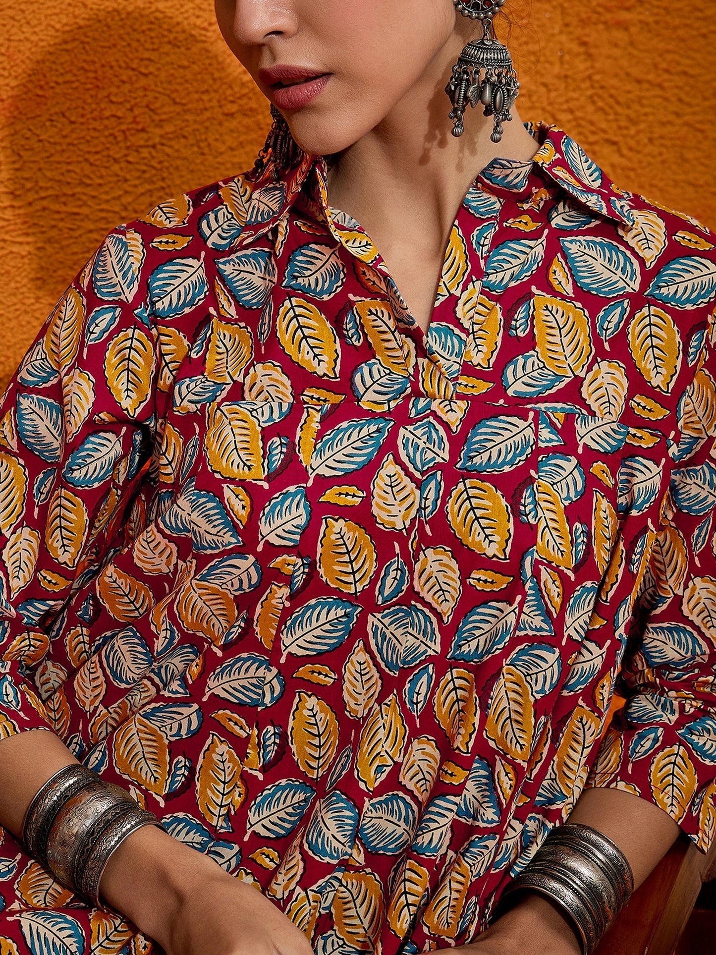 InWeave Maroon Yellow Blue Leaf Print Flared Dress - Swadesiicart