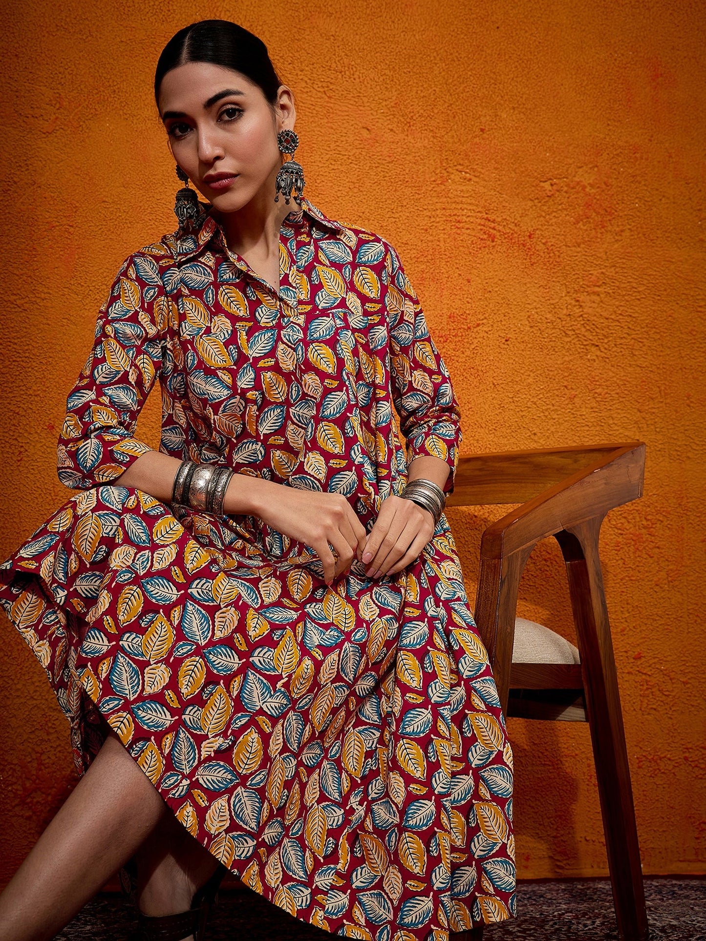 InWeave Maroon Yellow Blue Leaf Print Flared Dress - Swadesiicart