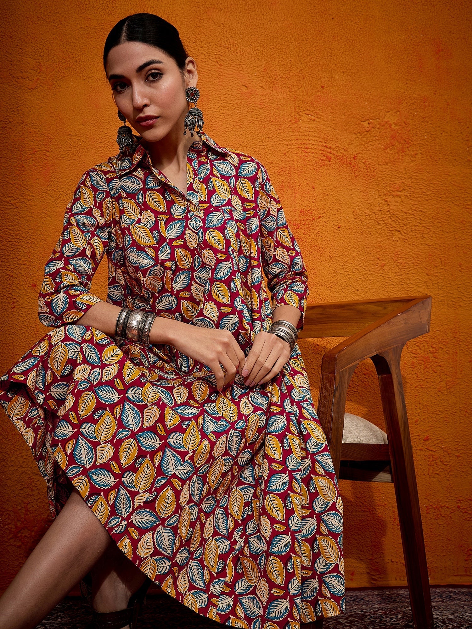 InWeave Maroon Yellow Blue Leaf Print Flared Dress - Swadesiicart
