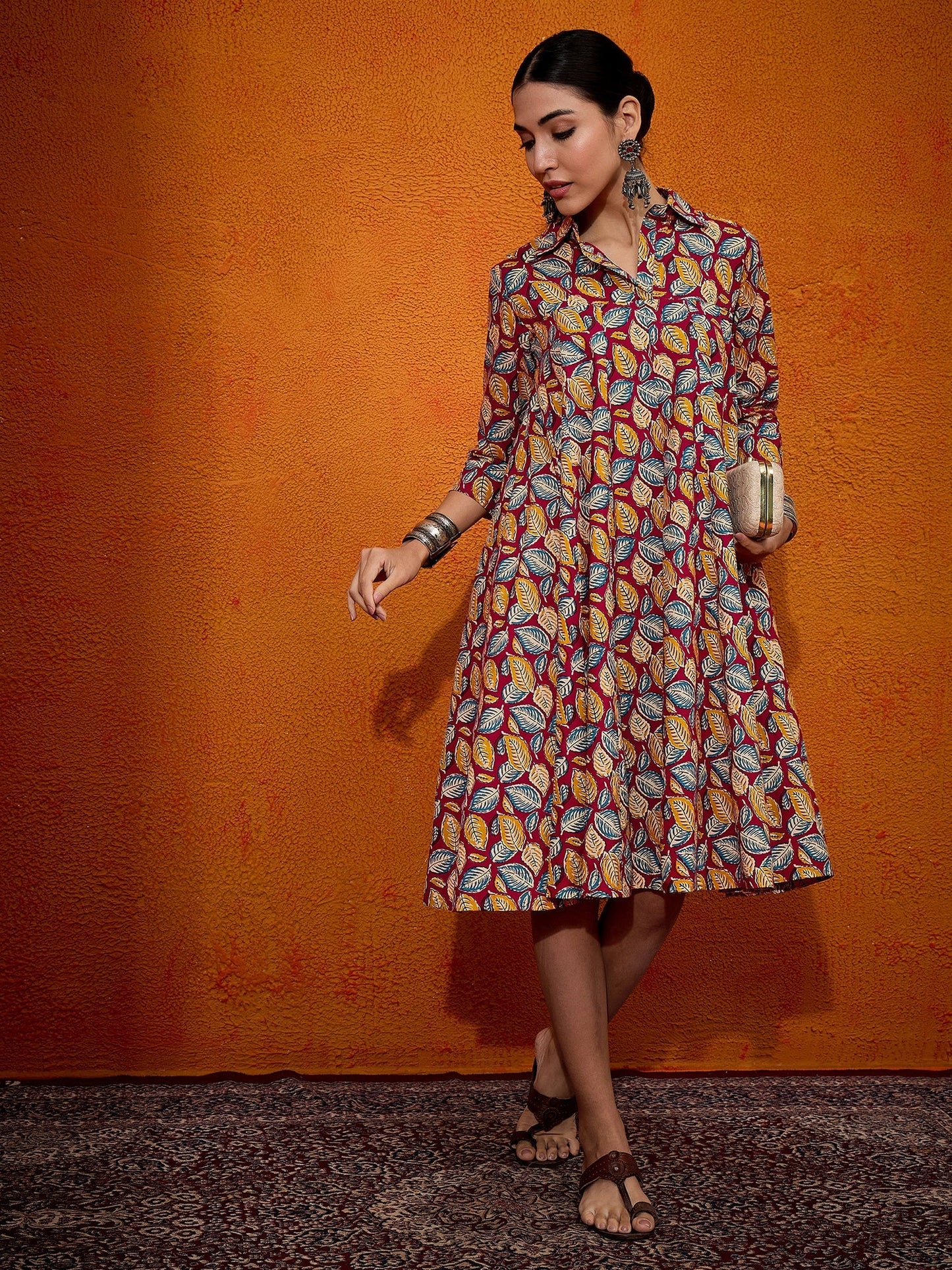 InWeave Maroon Yellow Blue Leaf Print Flared Dress - Swadesiicart