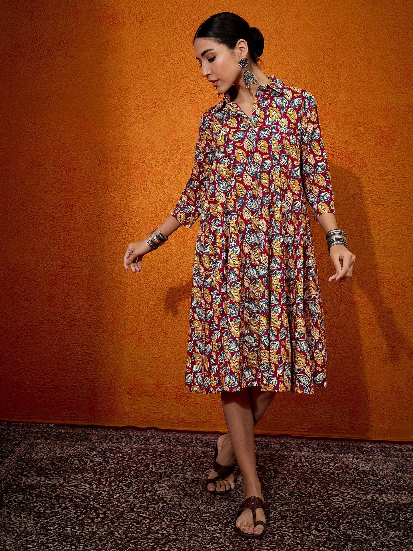 InWeave Maroon Yellow Blue Leaf Print Flared Dress - Swadesiicart