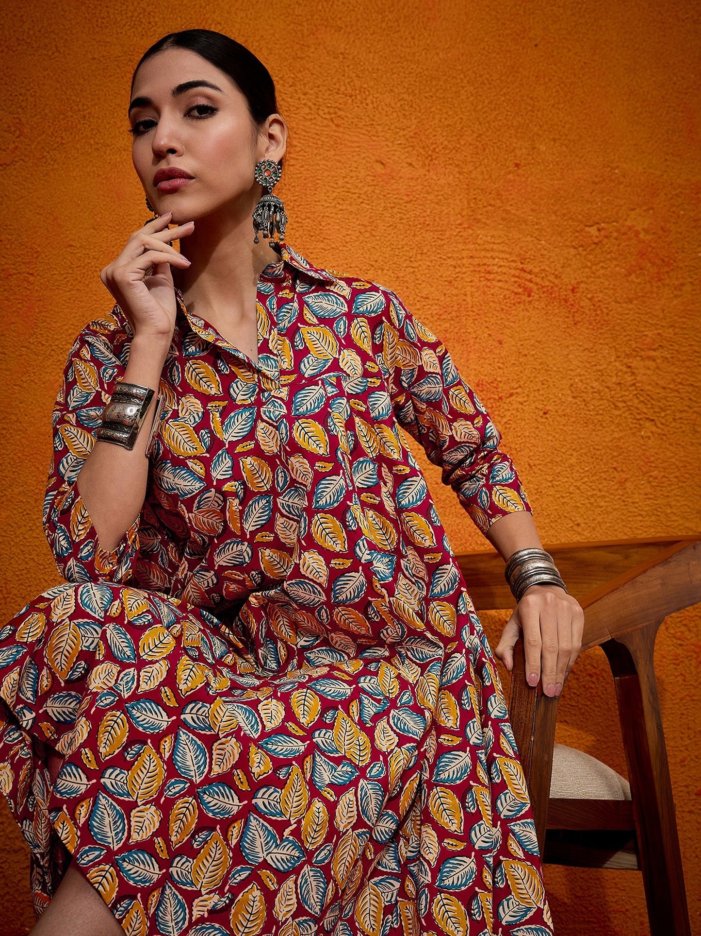 InWeave Maroon Yellow Blue Leaf Print Flared Dress - Swadesiicart