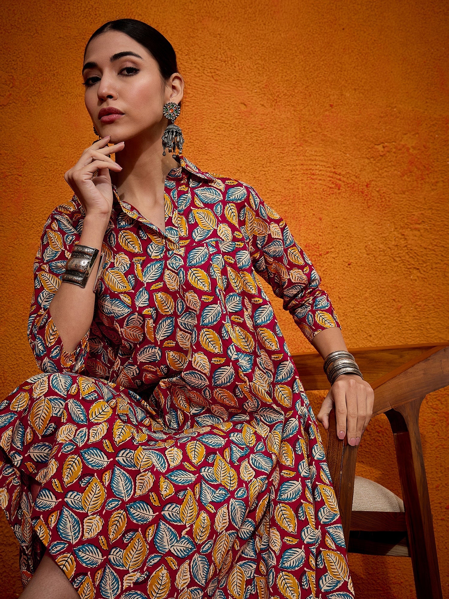 InWeave Maroon Yellow Blue Leaf Print Flared Dress - Swadesiicart