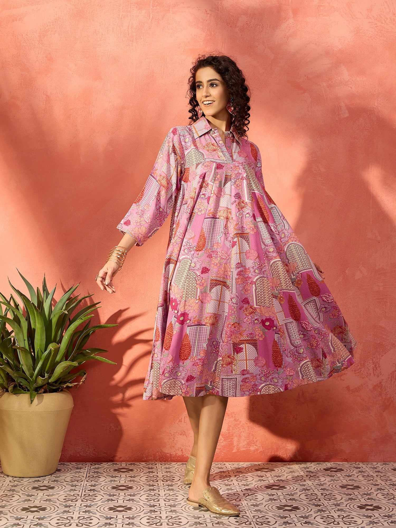 InWeave Dull Pink Window Floral Flared Collar Dress - Swadesiicart