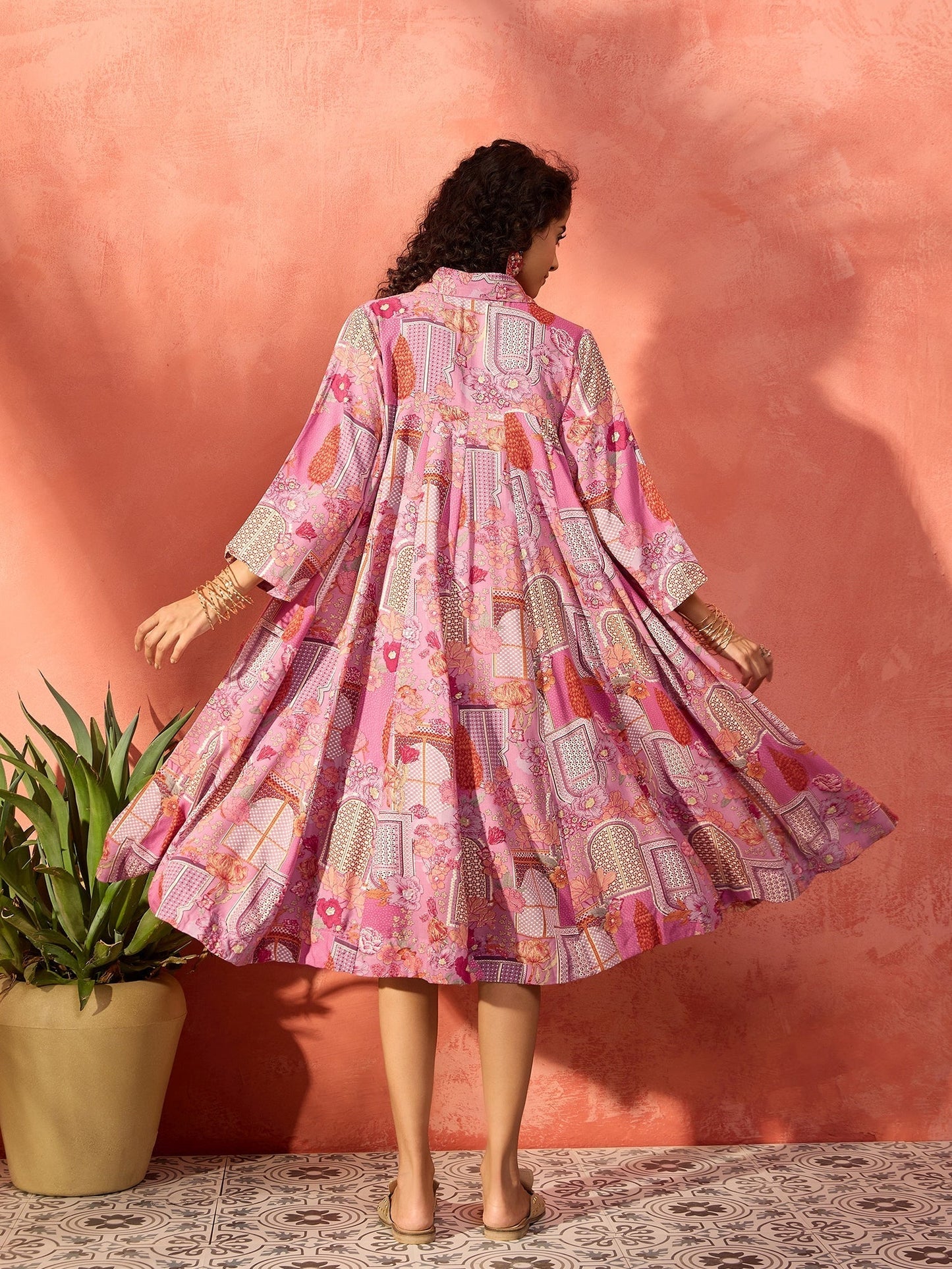 InWeave Dull Pink Window Floral Flared Collar Dress - Swadesiicart
