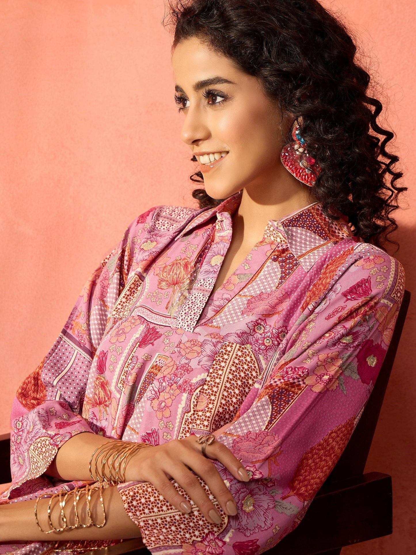 InWeave Dull Pink Window Floral Flared Collar Dress - Swadesiicart