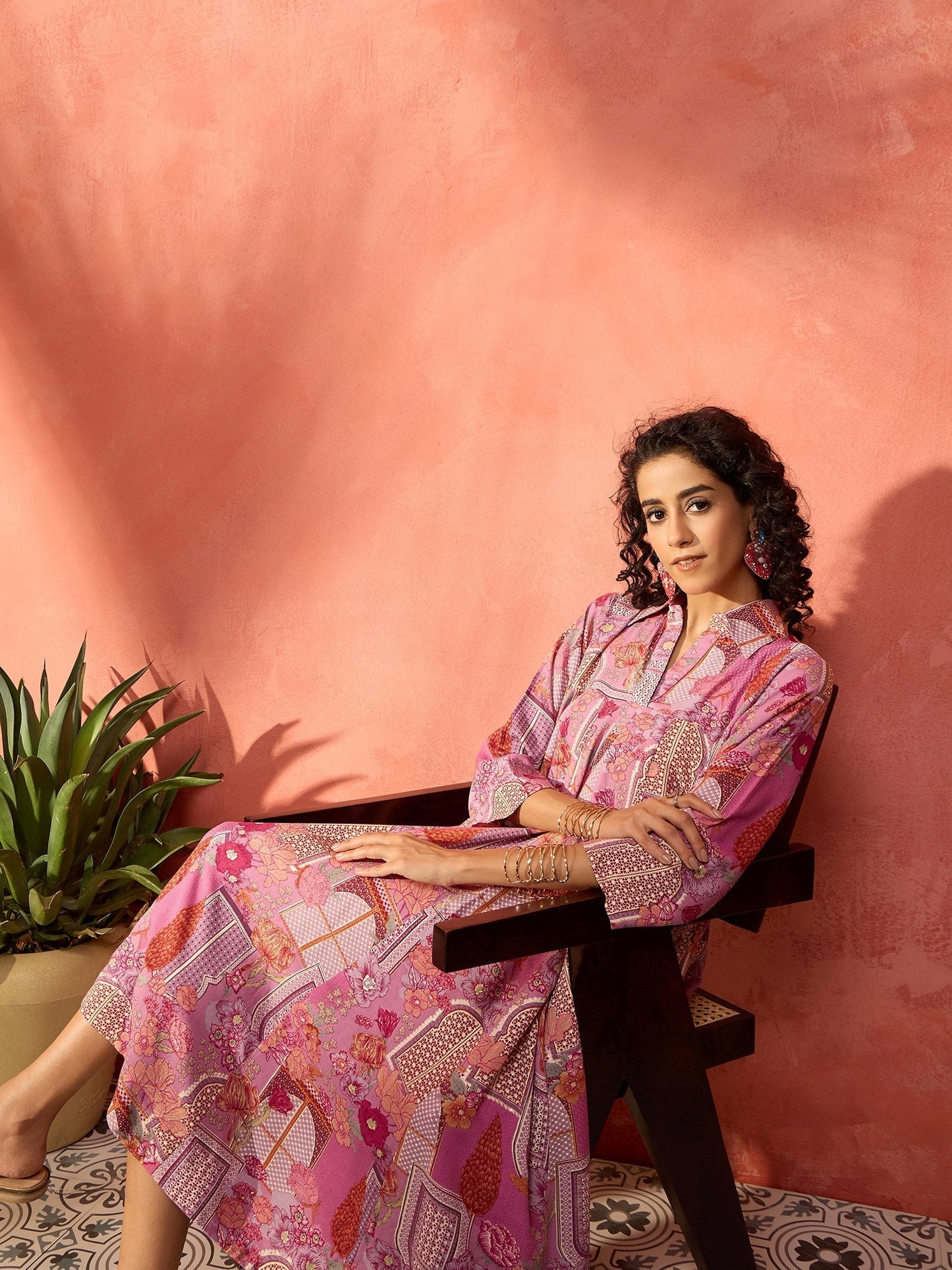 InWeave Dull Pink Window Floral Flared Collar Dress - Swadesiicart