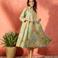 InWeave Pear Green Window Floral Flared Collar Dress - Swadesiicart