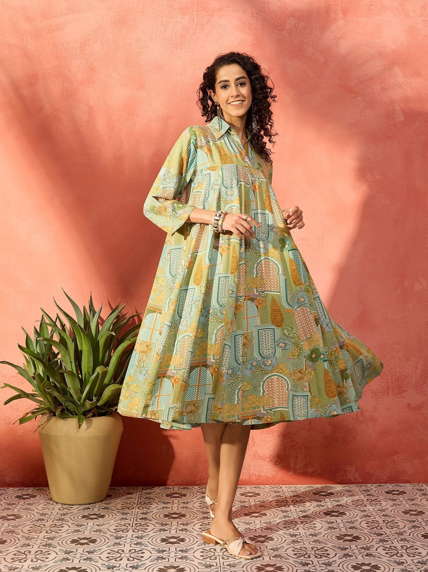 InWeave Pear Green Window Floral Flared Collar Dress - Swadesiicart