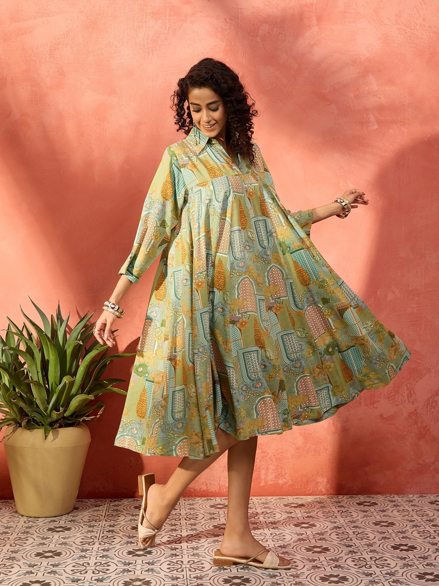 InWeave Pear Green Window Floral Flared Collar Dress - Swadesiicart