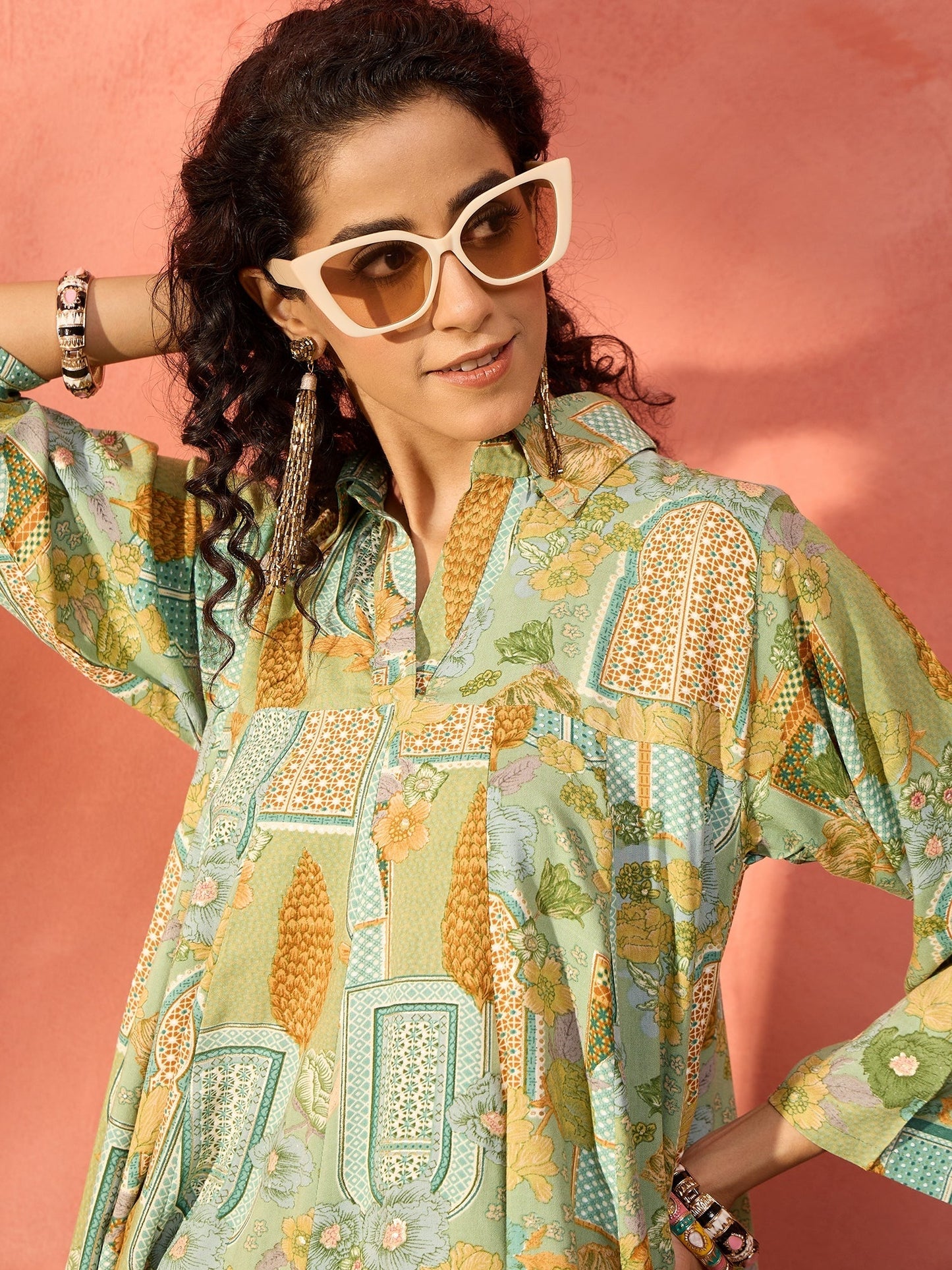 InWeave Pear Green Window Floral Flared Collar Dress - Swadesiicart