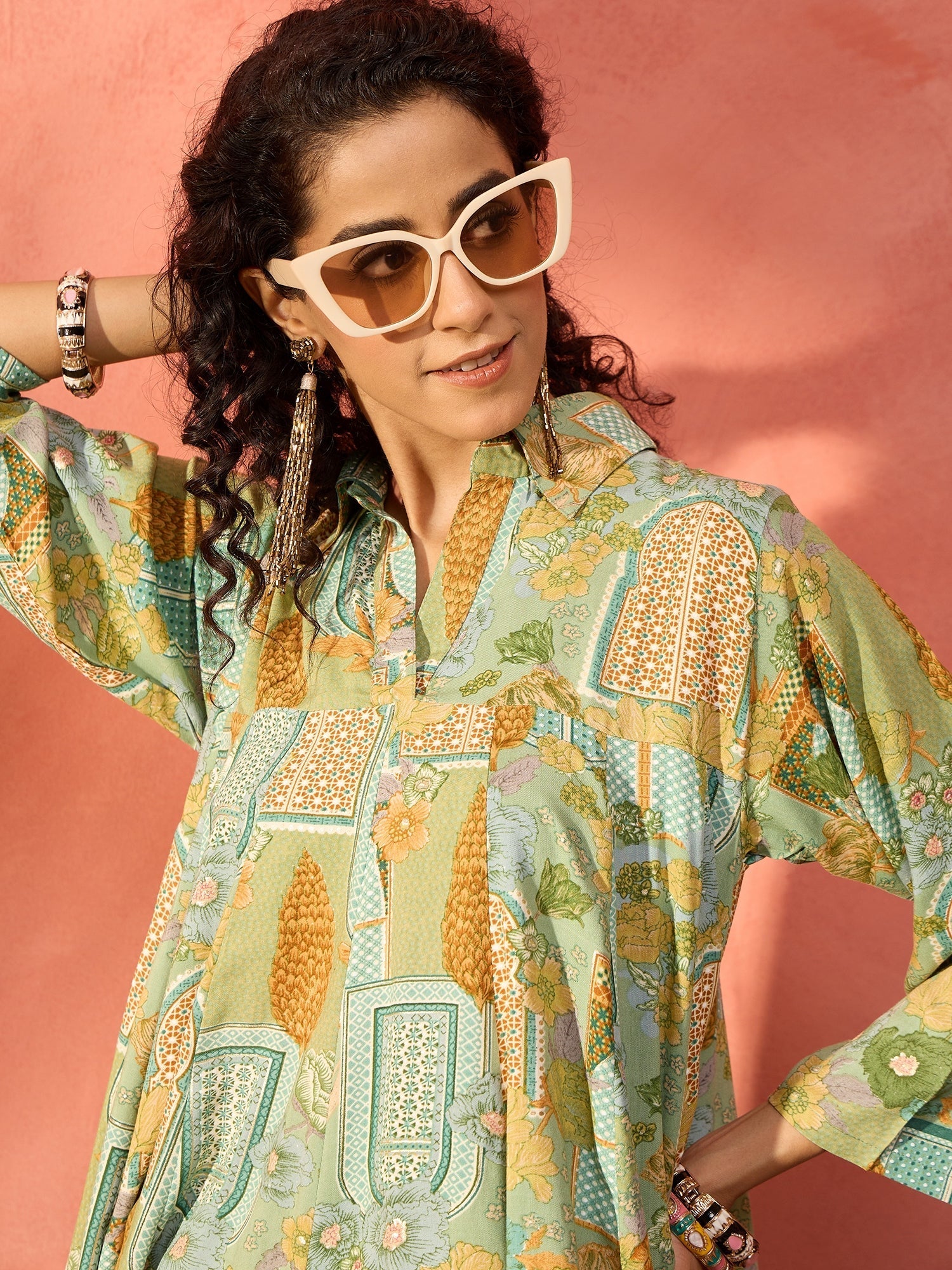 InWeave Pear Green Window Floral Flared Collar Dress - Swadesiicart