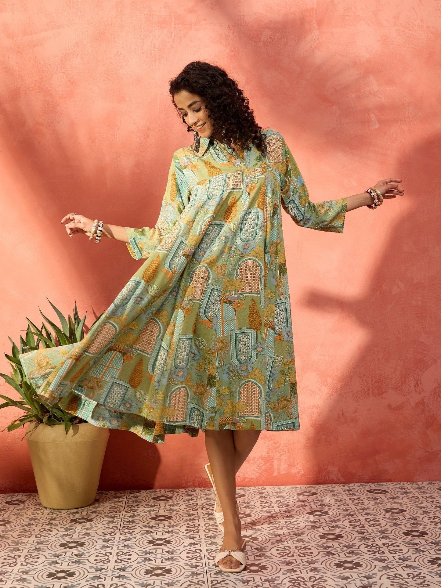 InWeave Pear Green Window Floral Flared Collar Dress - Swadesiicart