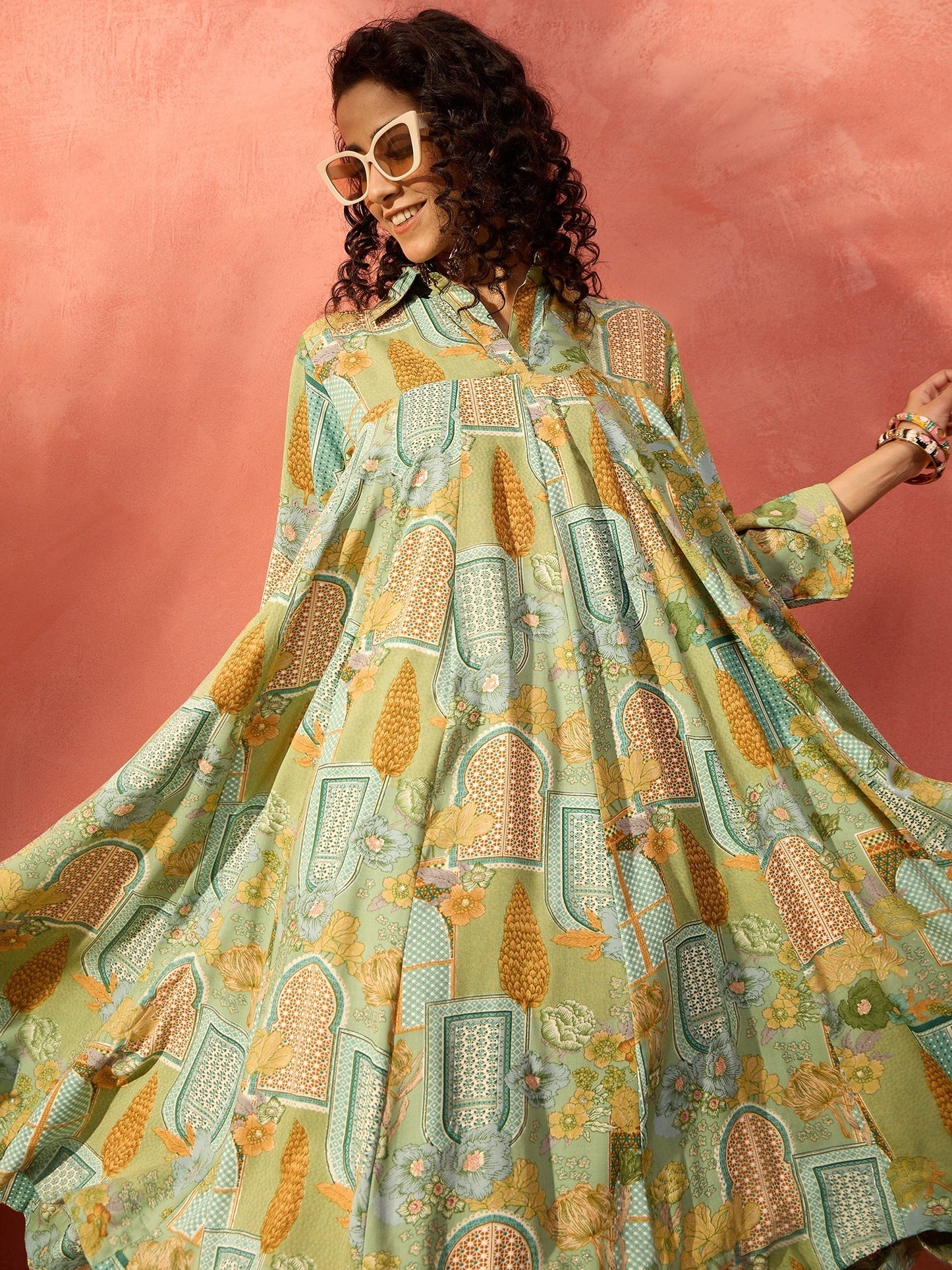 InWeave Pear Green Window Floral Flared Collar Dress - Swadesiicart