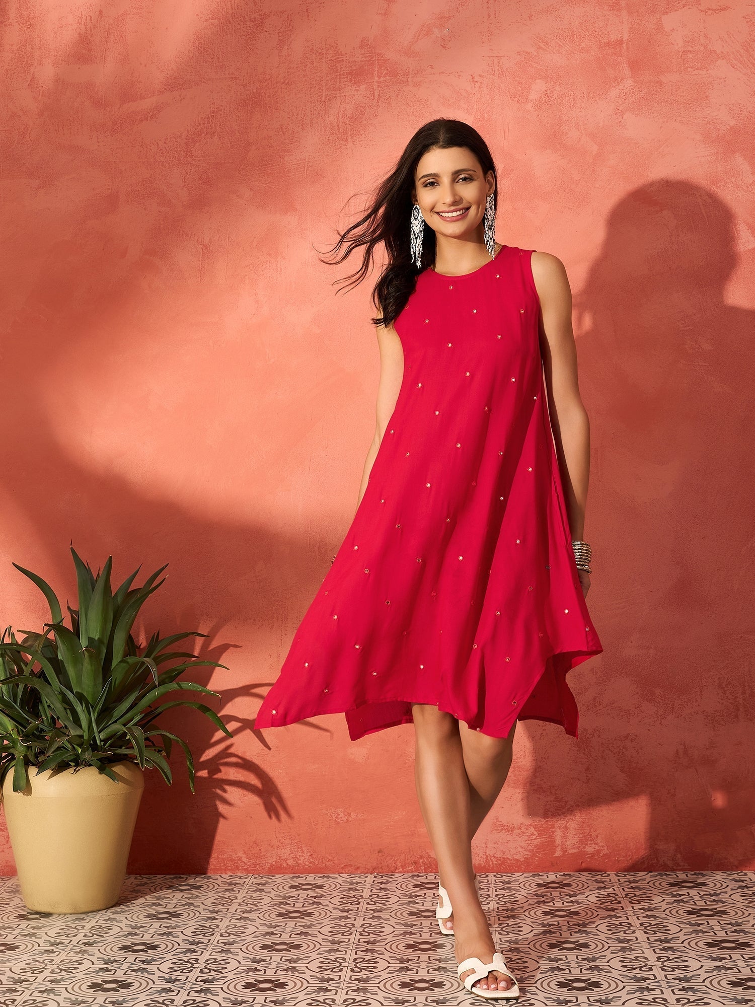InWeave Red Mirror Work Round Neck W/S Dress - Swadesiicart