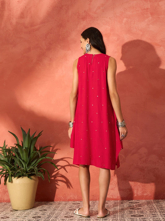 InWeave Red Mirror Work Round Neck W/S Dress - Swadesiicart