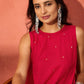 InWeave Red Mirror Work Round Neck W/S Dress - Swadesiicart