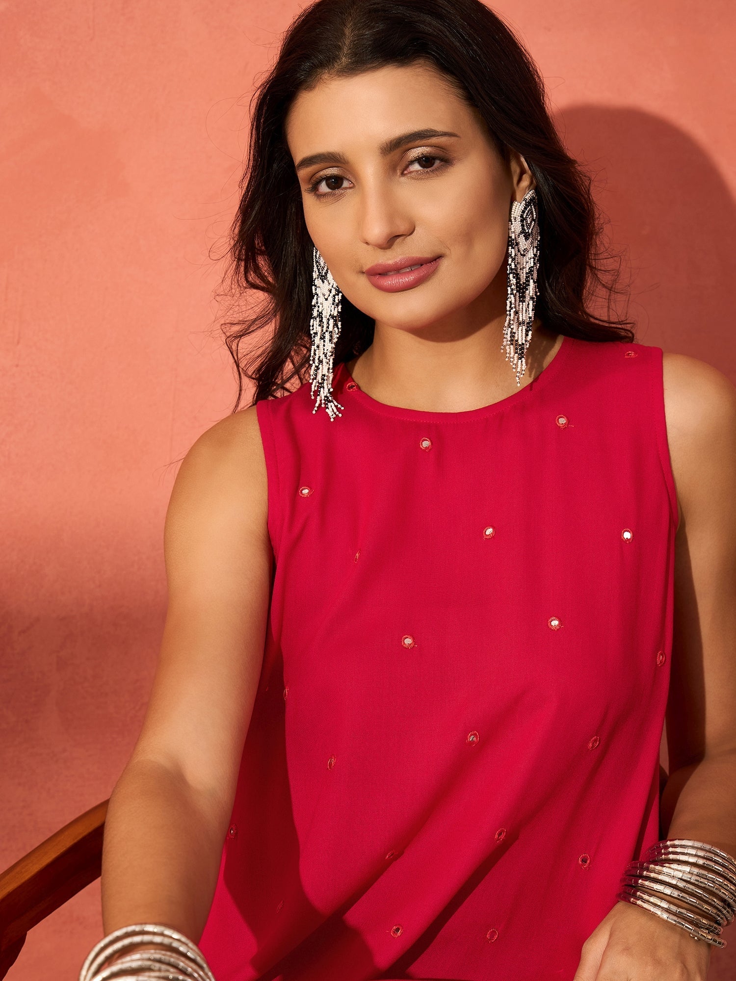 InWeave Red Mirror Work Round Neck W/S Dress - Swadesiicart