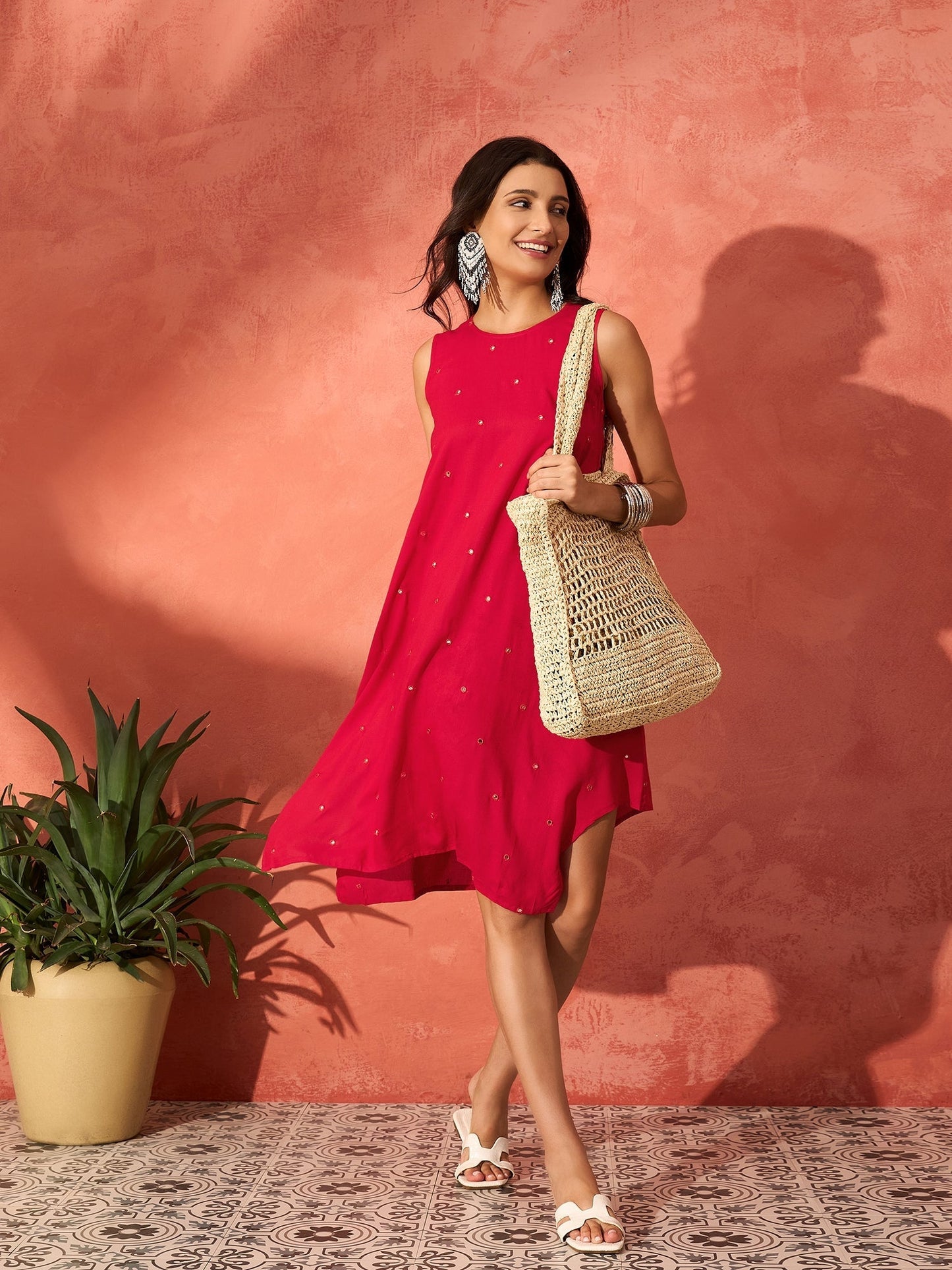InWeave Red Mirror Work Round Neck W/S Dress - Swadesiicart