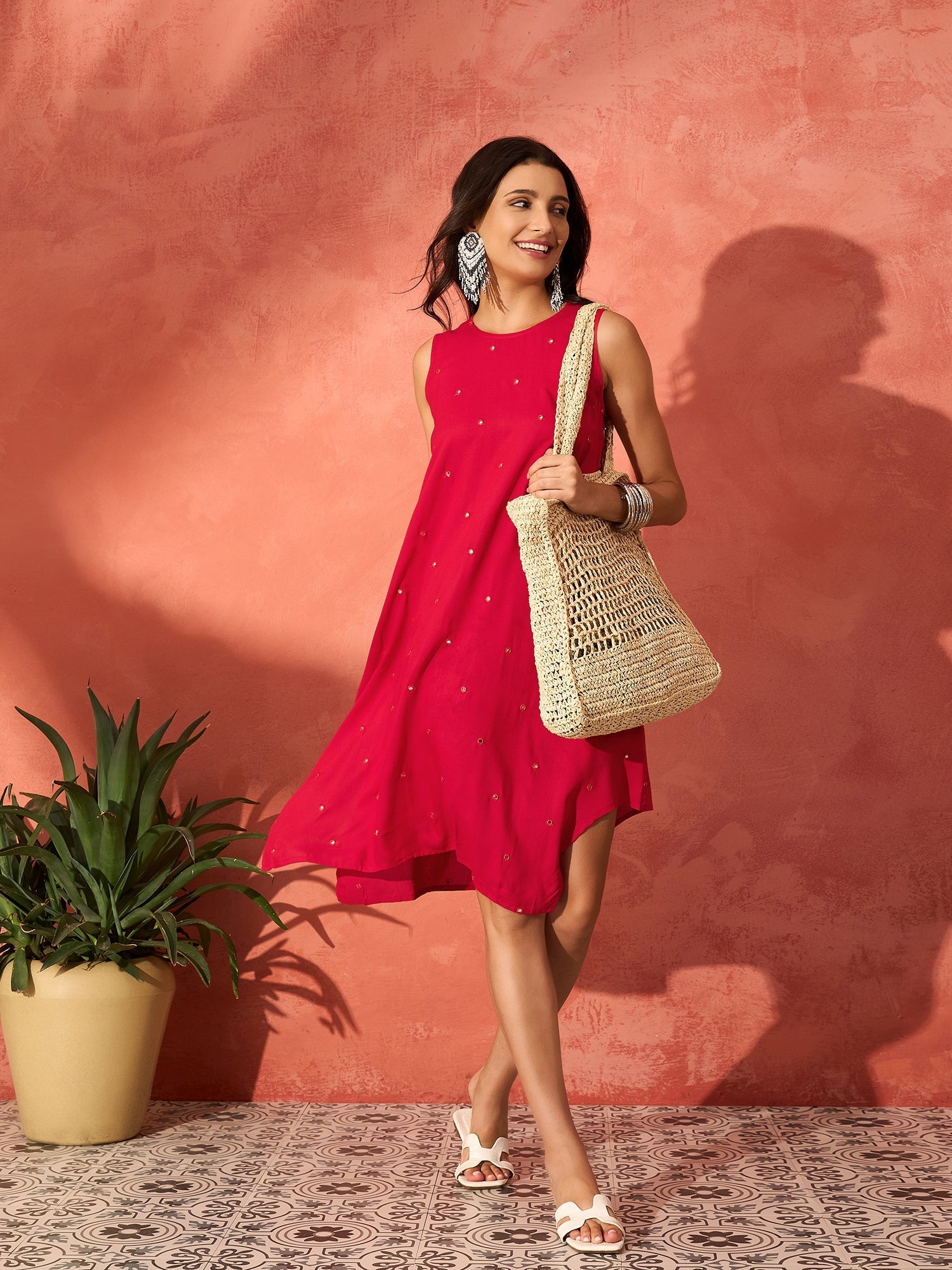 InWeave Red Mirror Work Round Neck W/S Dress - Swadesiicart