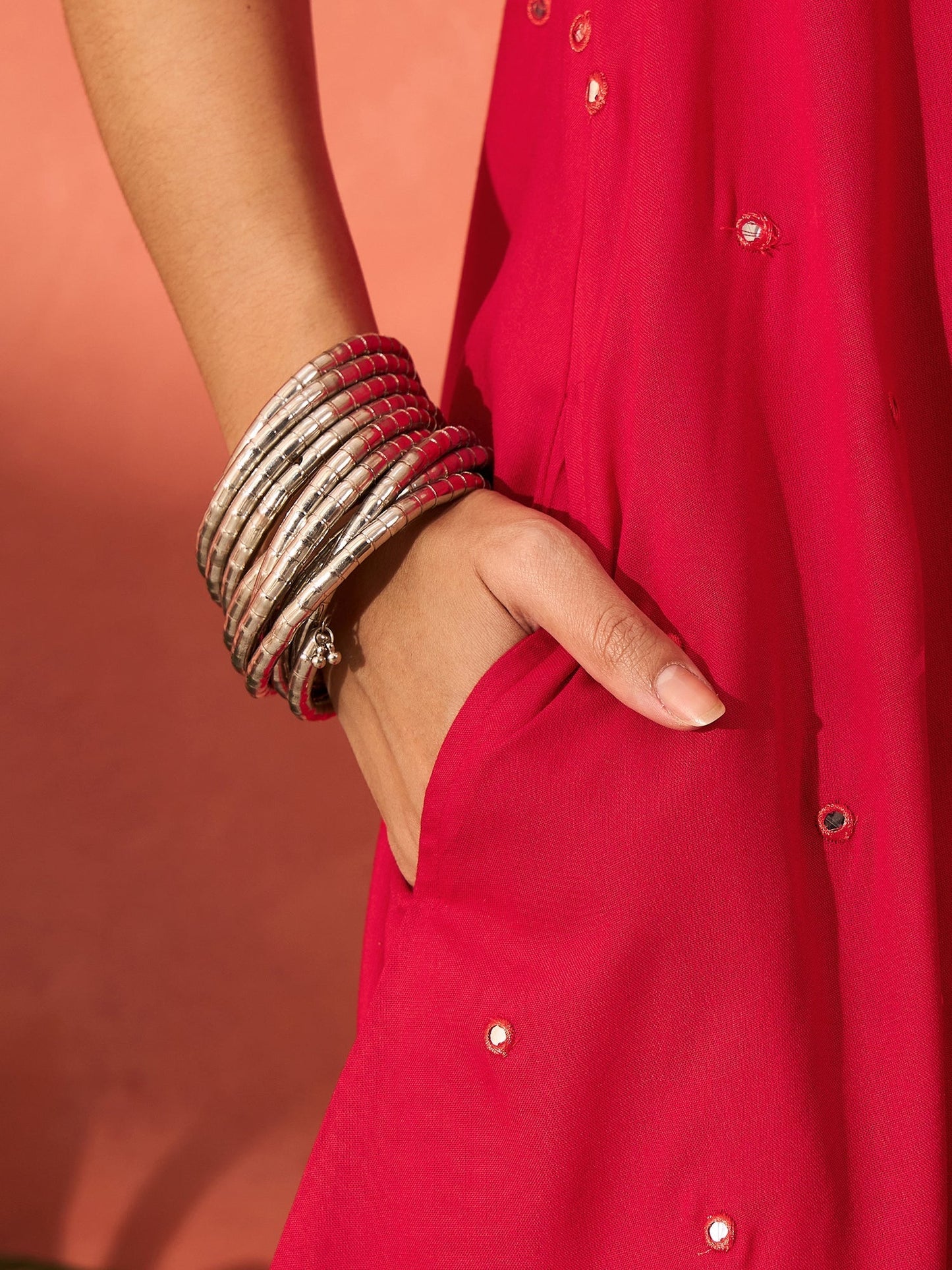 InWeave Red Mirror Work Round Neck W/S Dress - Swadesiicart