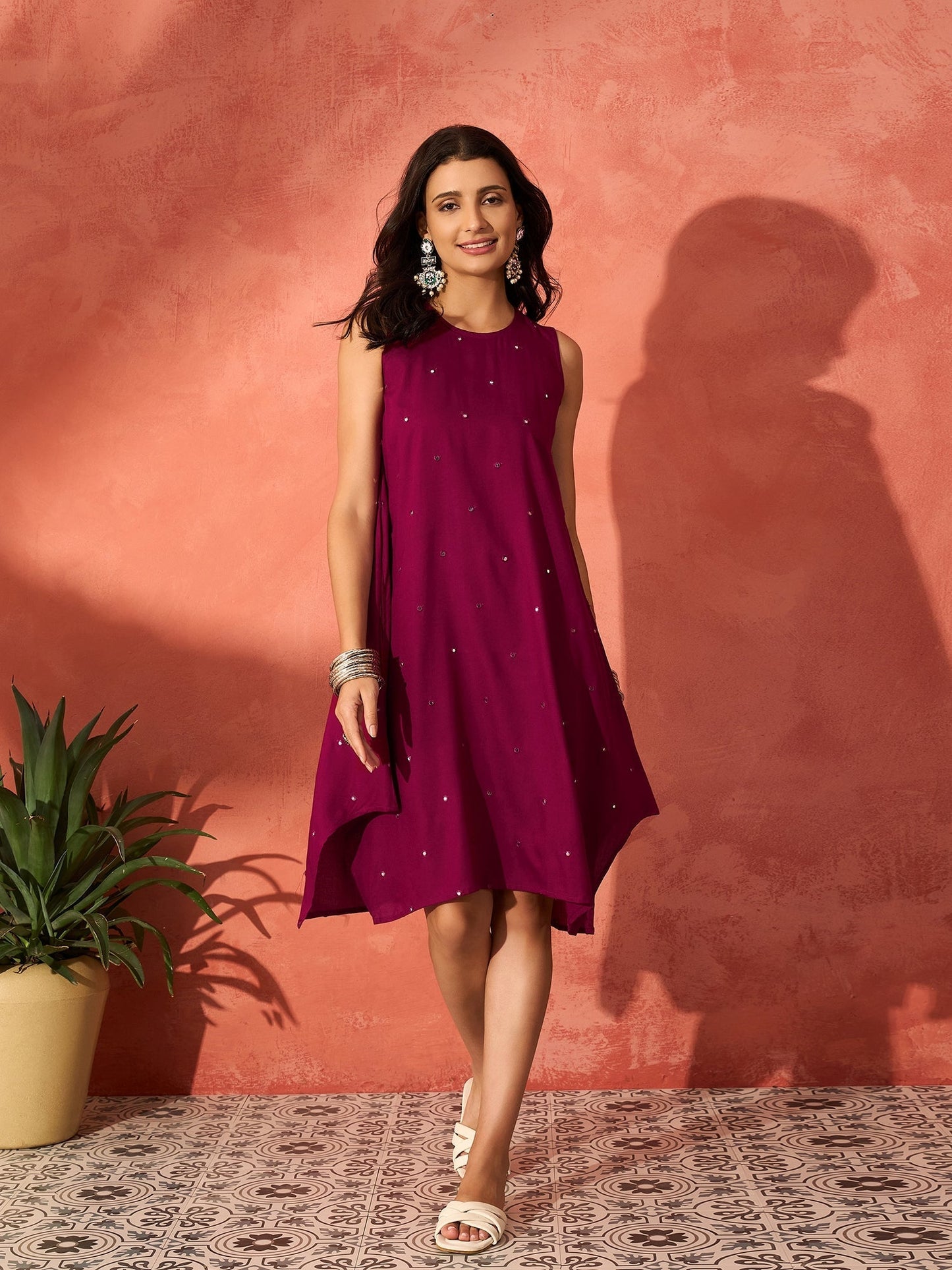 InWeave Wine Mirror Work Round Neck W/S Dress - Swadesiicart