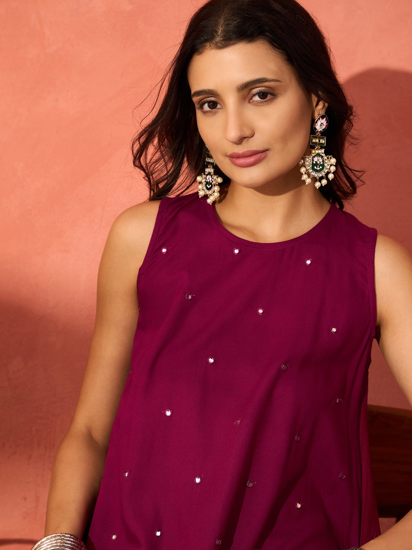 InWeave Wine Mirror Work Round Neck W/S Dress - Swadesiicart