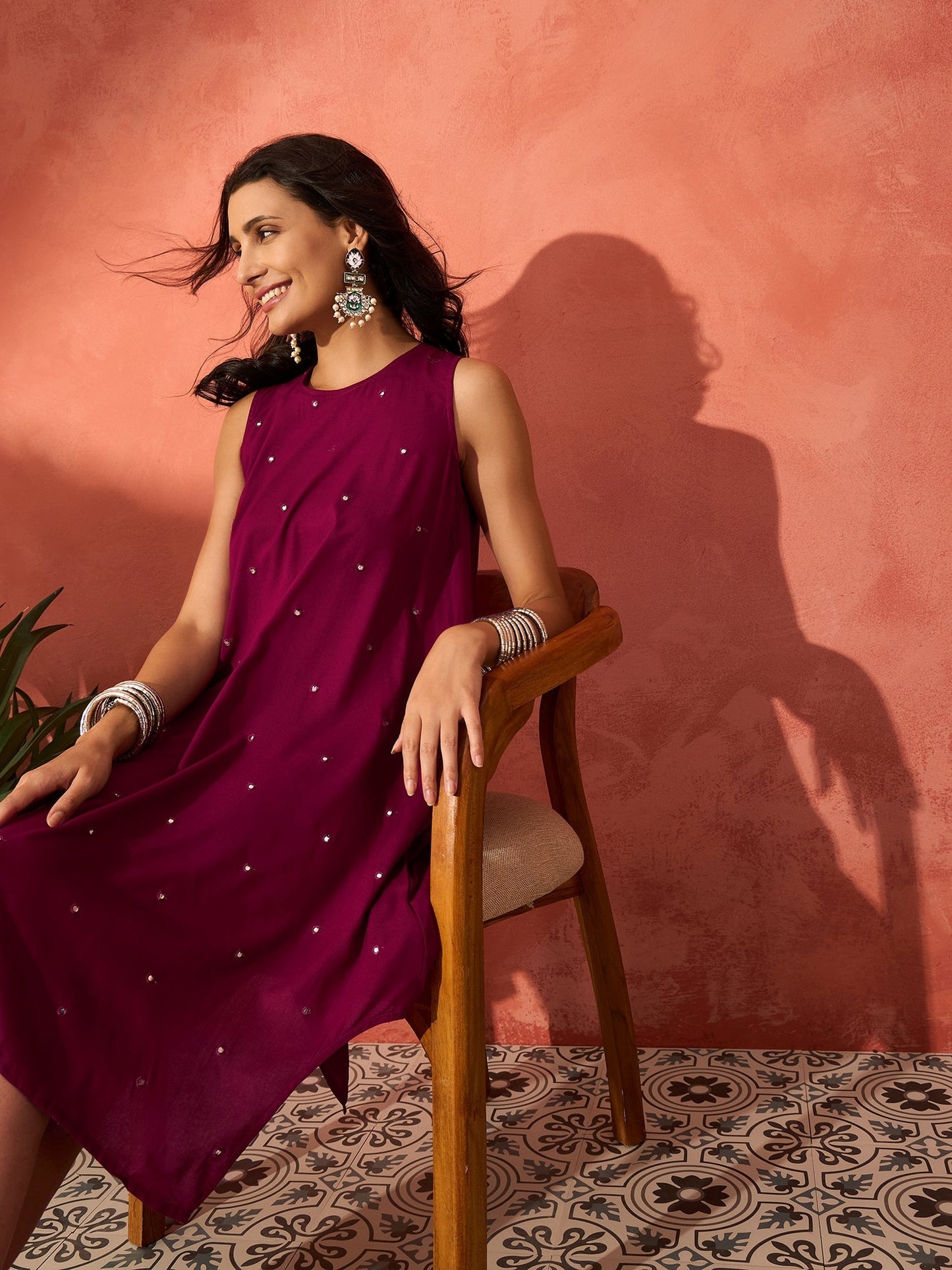 InWeave Wine Mirror Work Round Neck W/S Dress - Swadesiicart