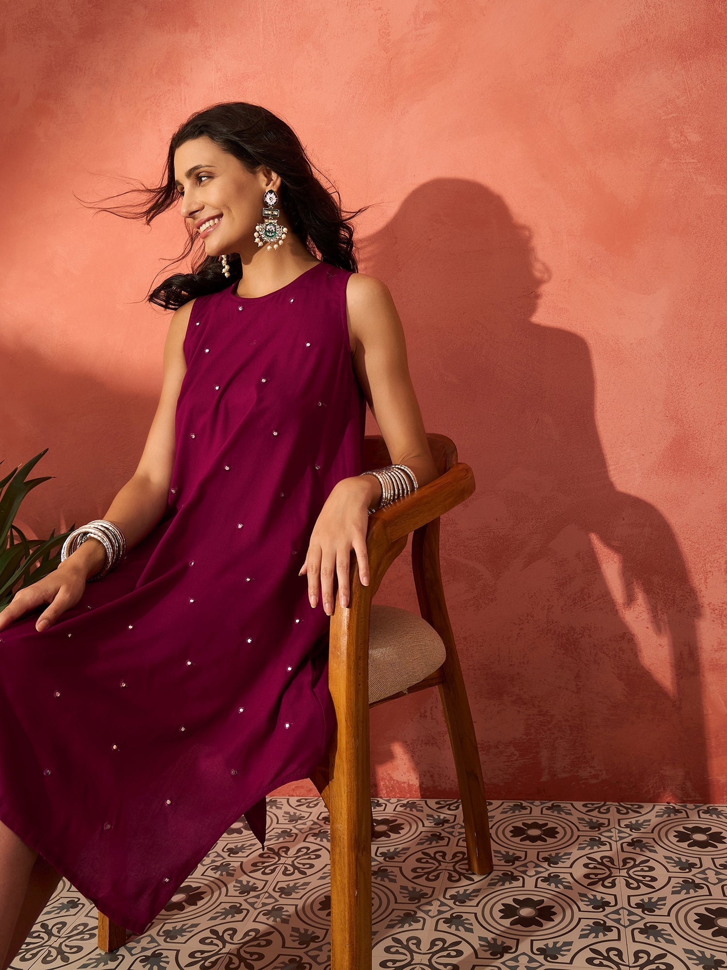 InWeave Wine Mirror Work Round Neck W/S Dress - Swadesiicart