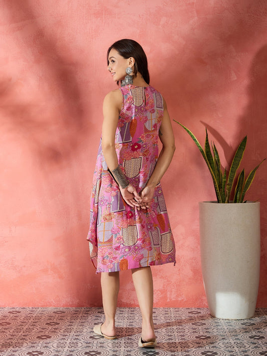 InWeave Pink Window Print R Neck Dress - Swadesiicart