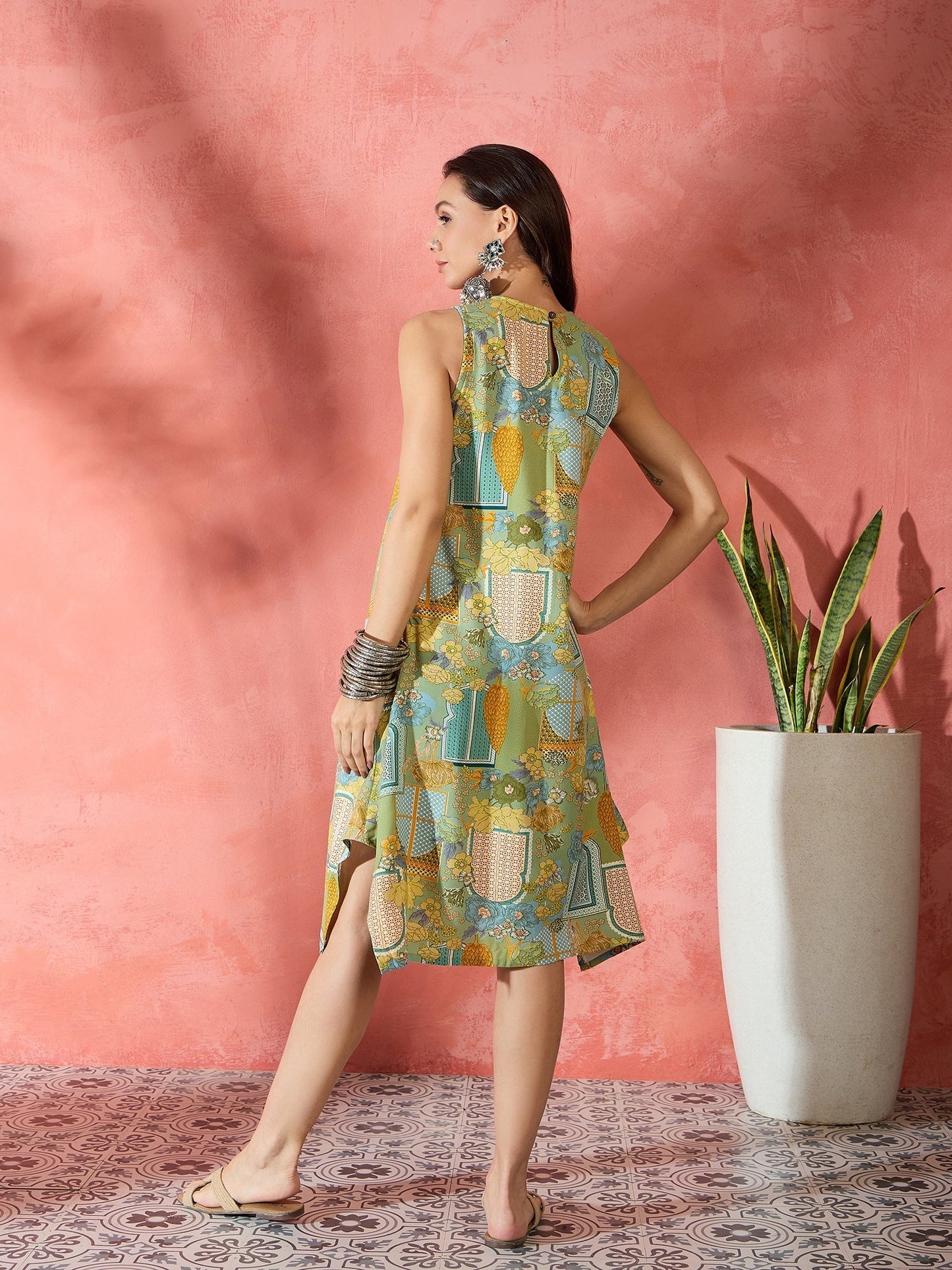InWeave Pear Green Window Print R Neck Dress - Swadesiicart