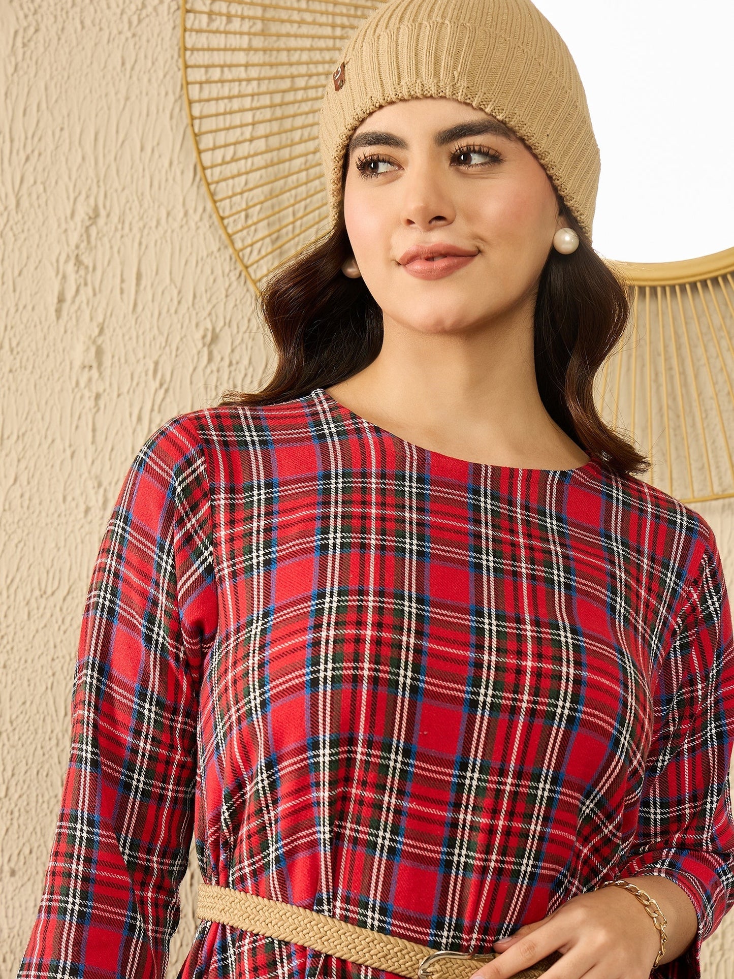 InWeave Red Green Check Dress - Swadesiicart